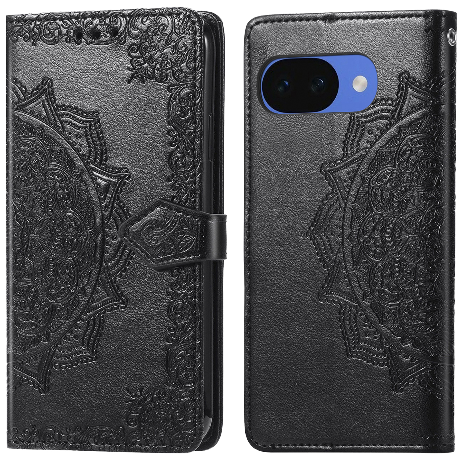 Étui portefeuille en cuir noir avec motif mandala en relief.