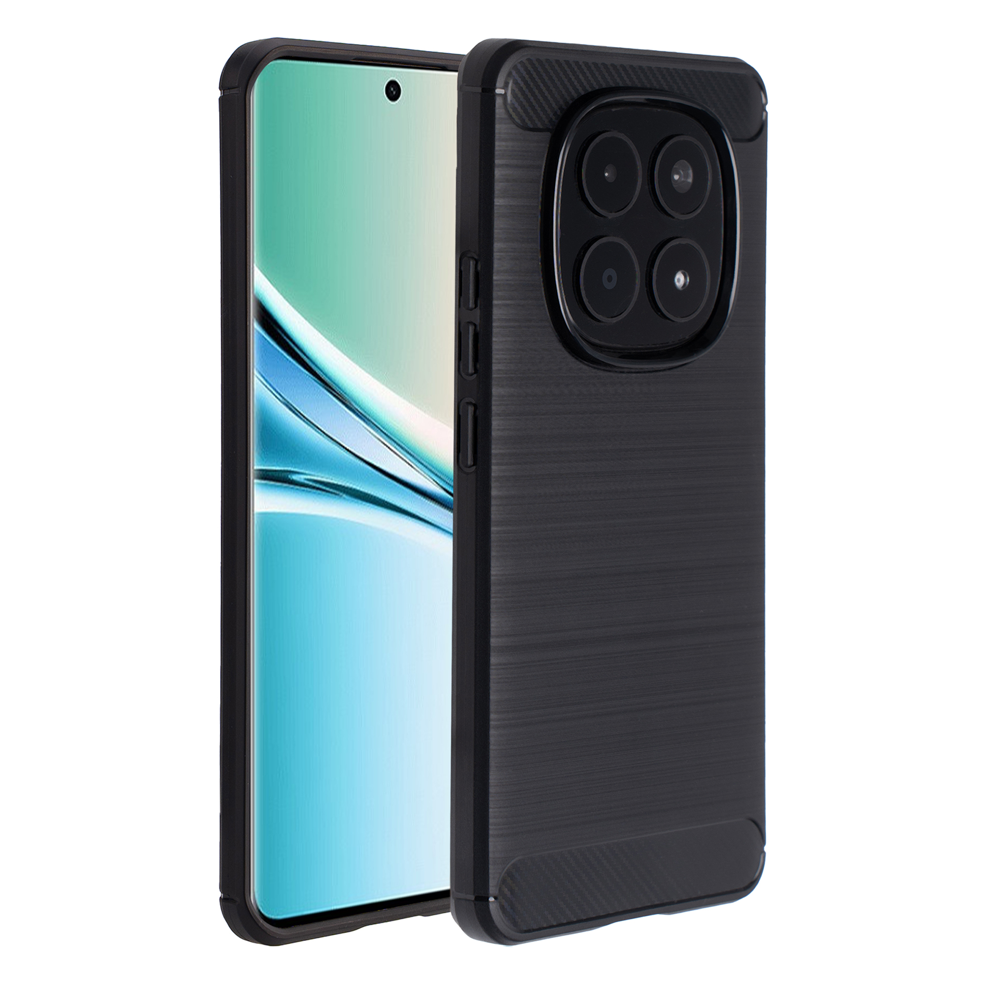 Zwarte telefoon met quad camera en blauw scherm.