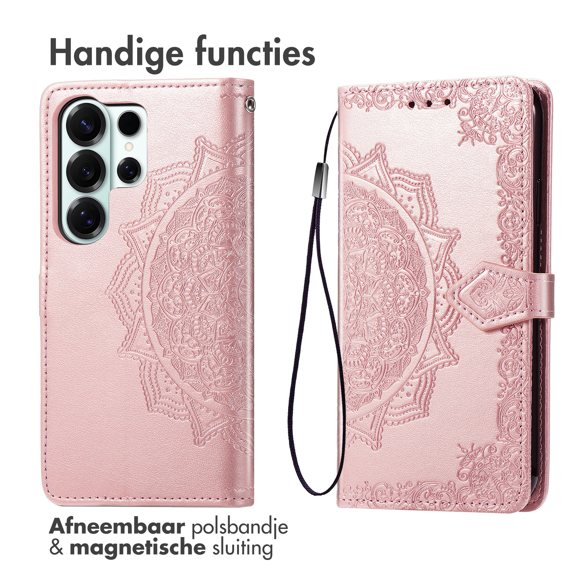 Een roze telefoonhoesje met mandalapatroon en polsband.