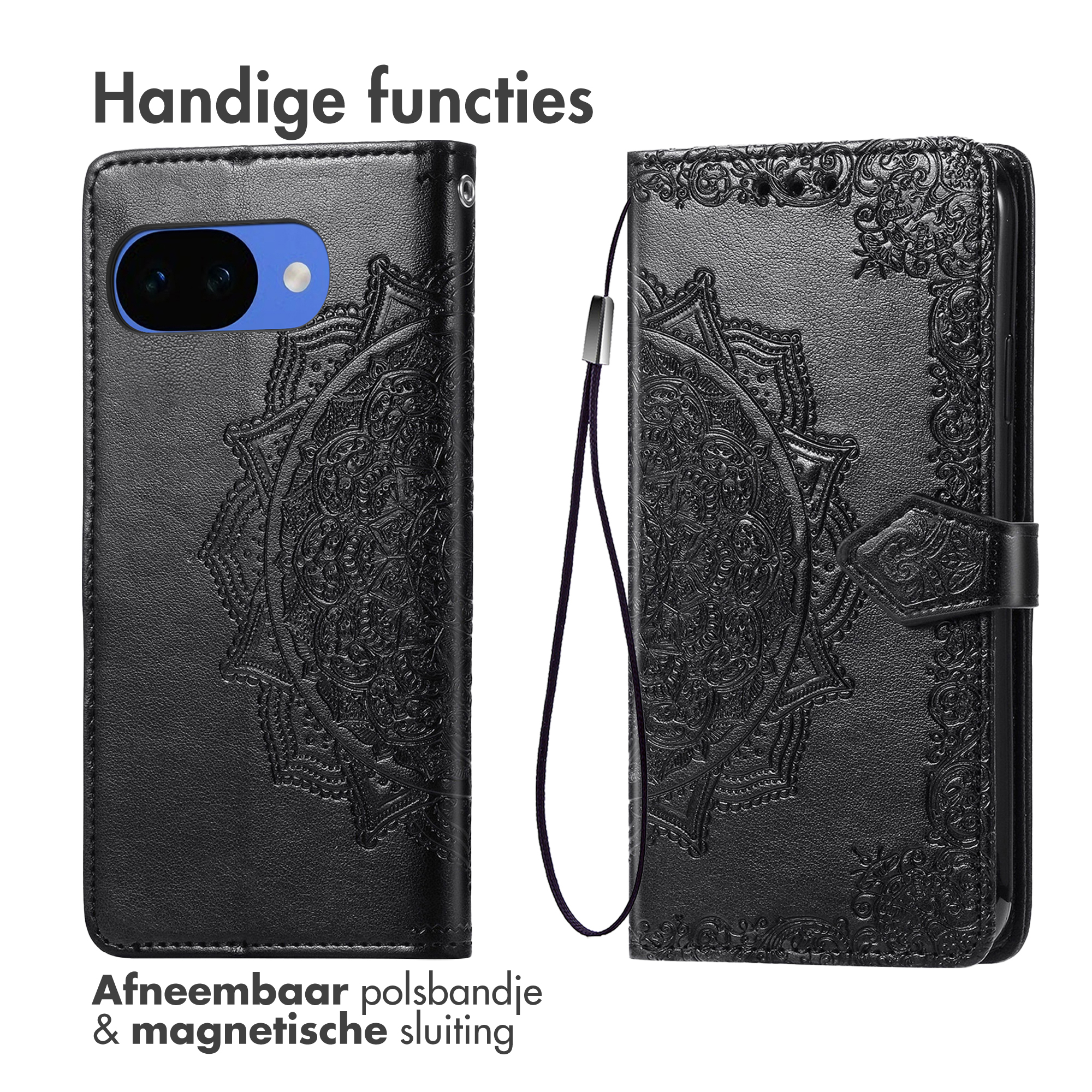 Étui de téléphone noir avec mandala en relief, dragonne amovible et fermeture magnétique.