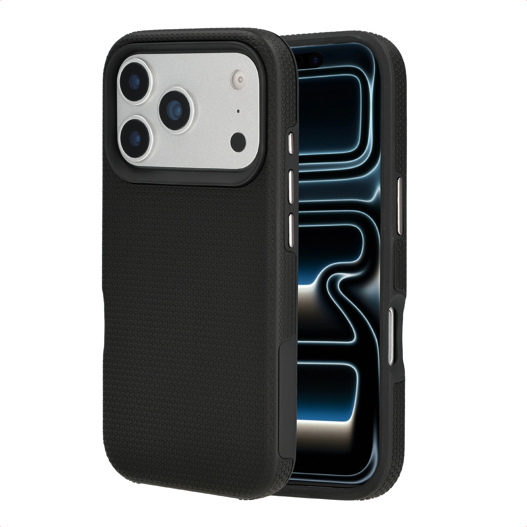 Custodia nera per telefono con tripla fotocamera accanto a uno smartphone con schermo blu.