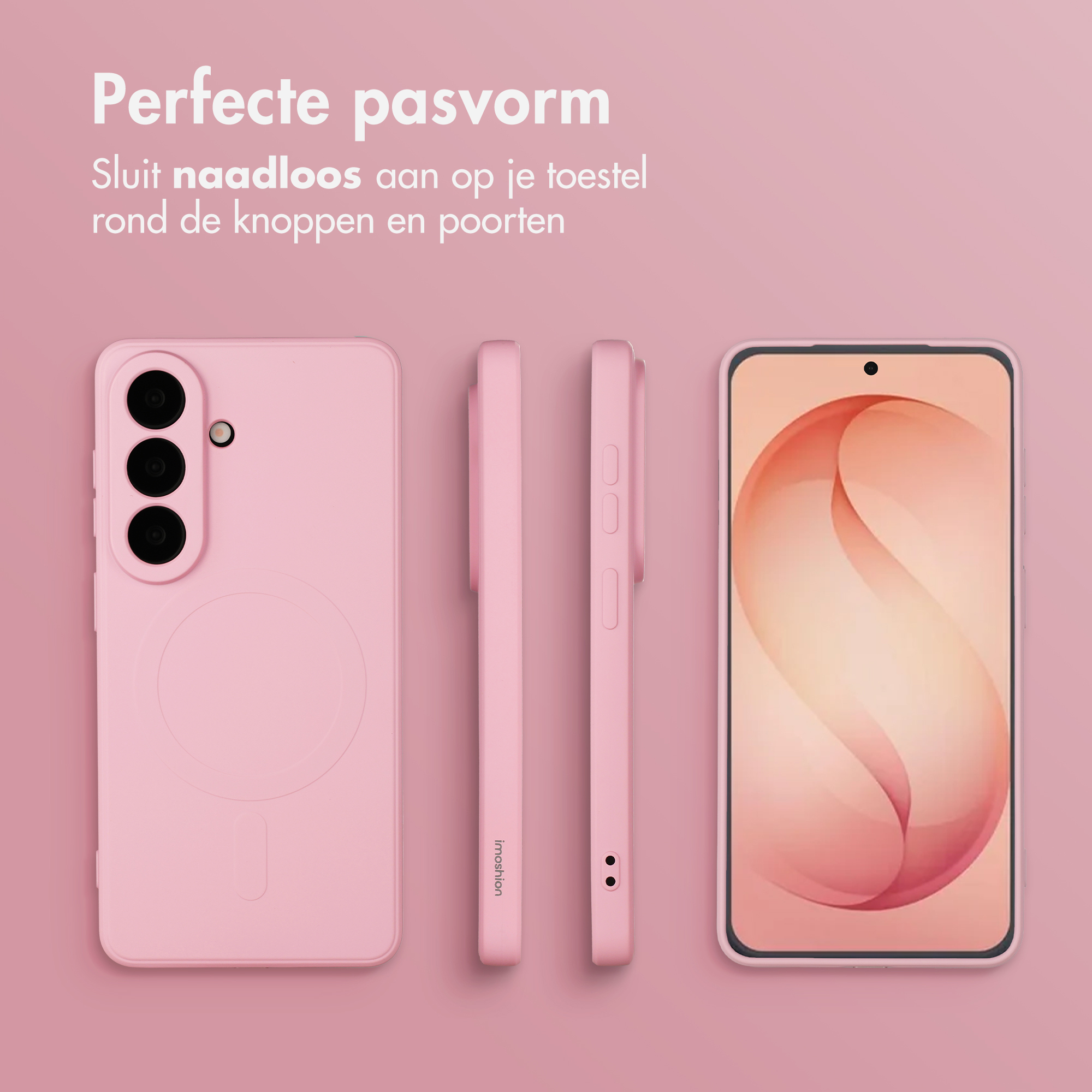 Een roze telefoonhoesje en telefoon worden getoond op een roze achtergrond.