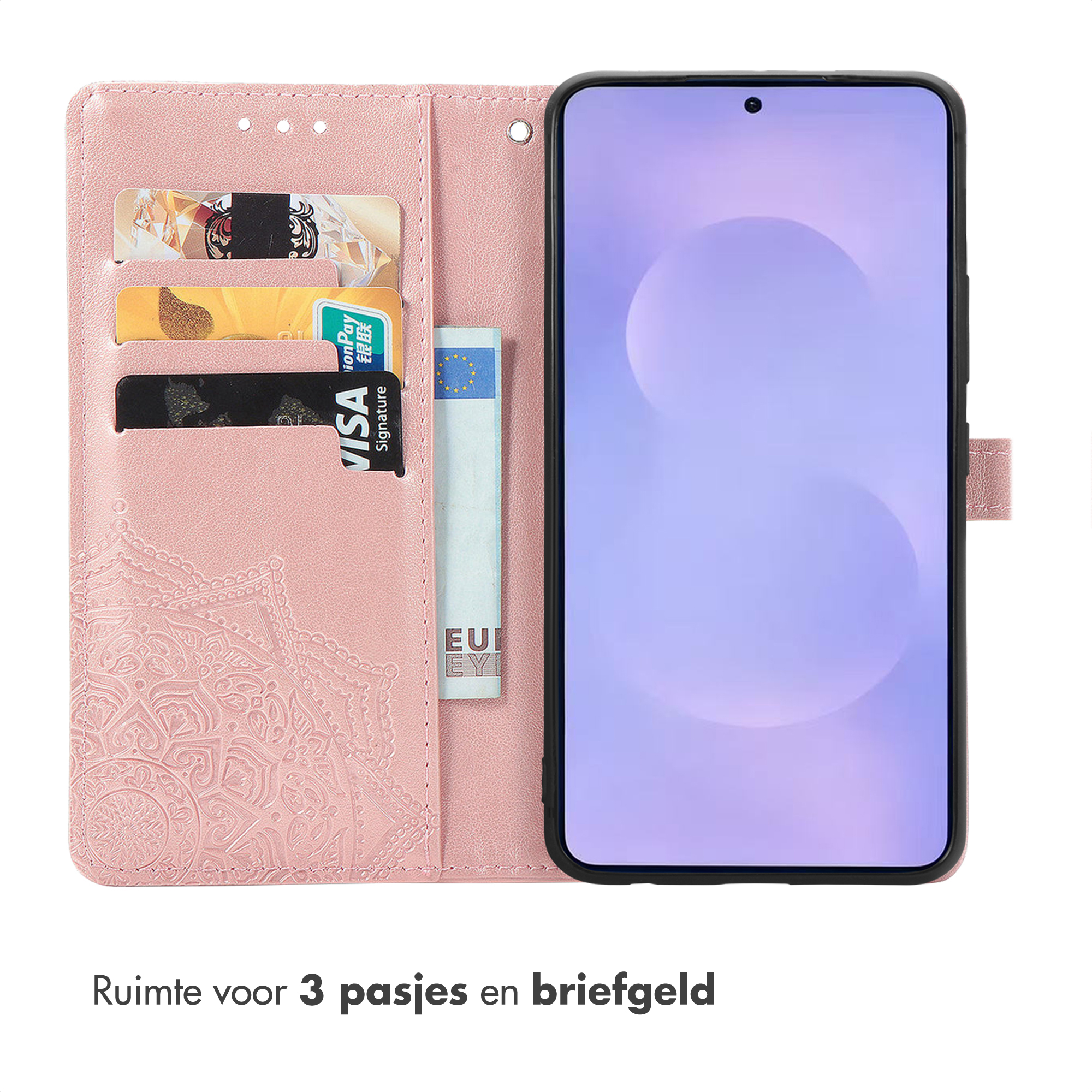 Roze telefoonhoesje met kaartsleuven en telefoon