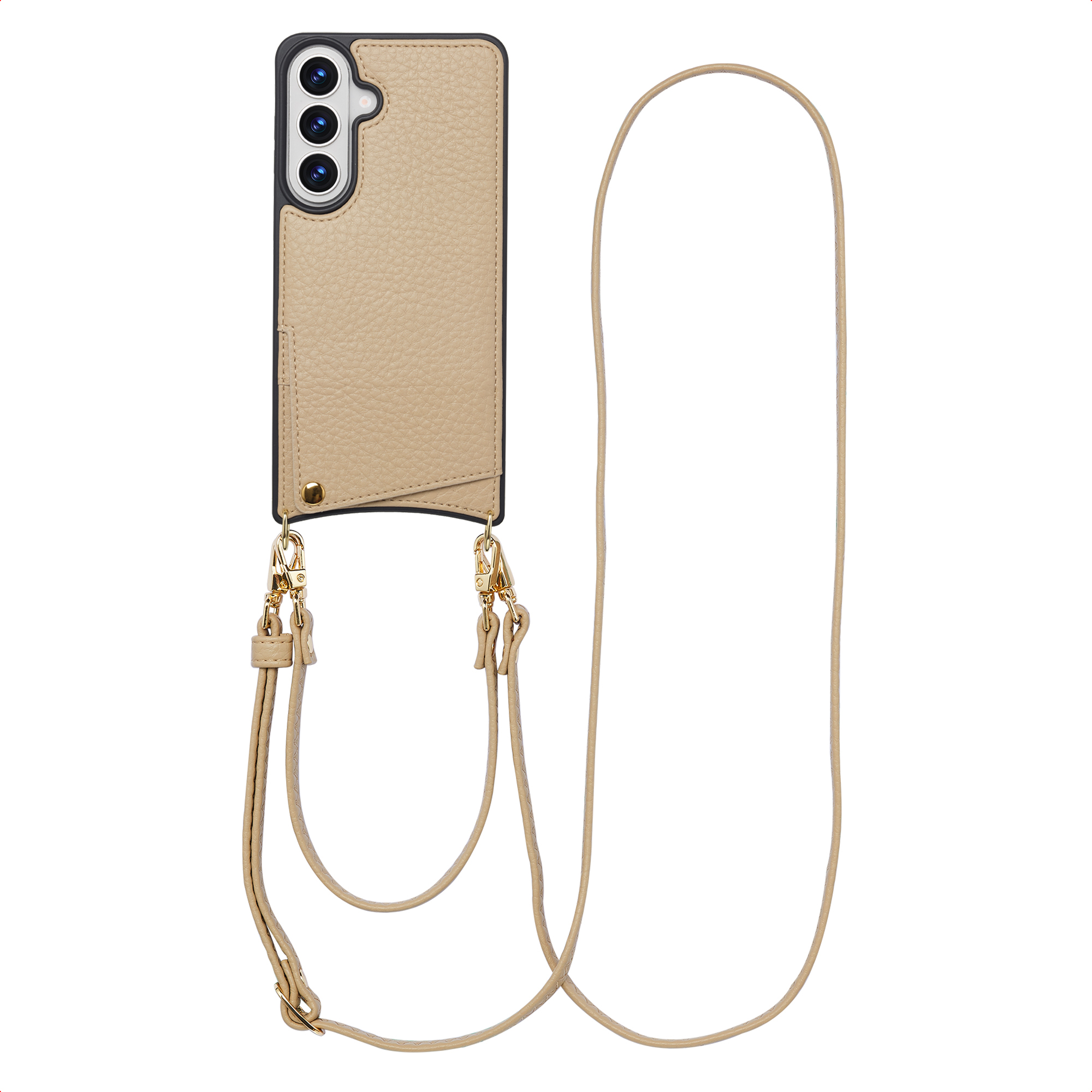Étui de téléphone en cuir beige avec lanière et trois objectifs.