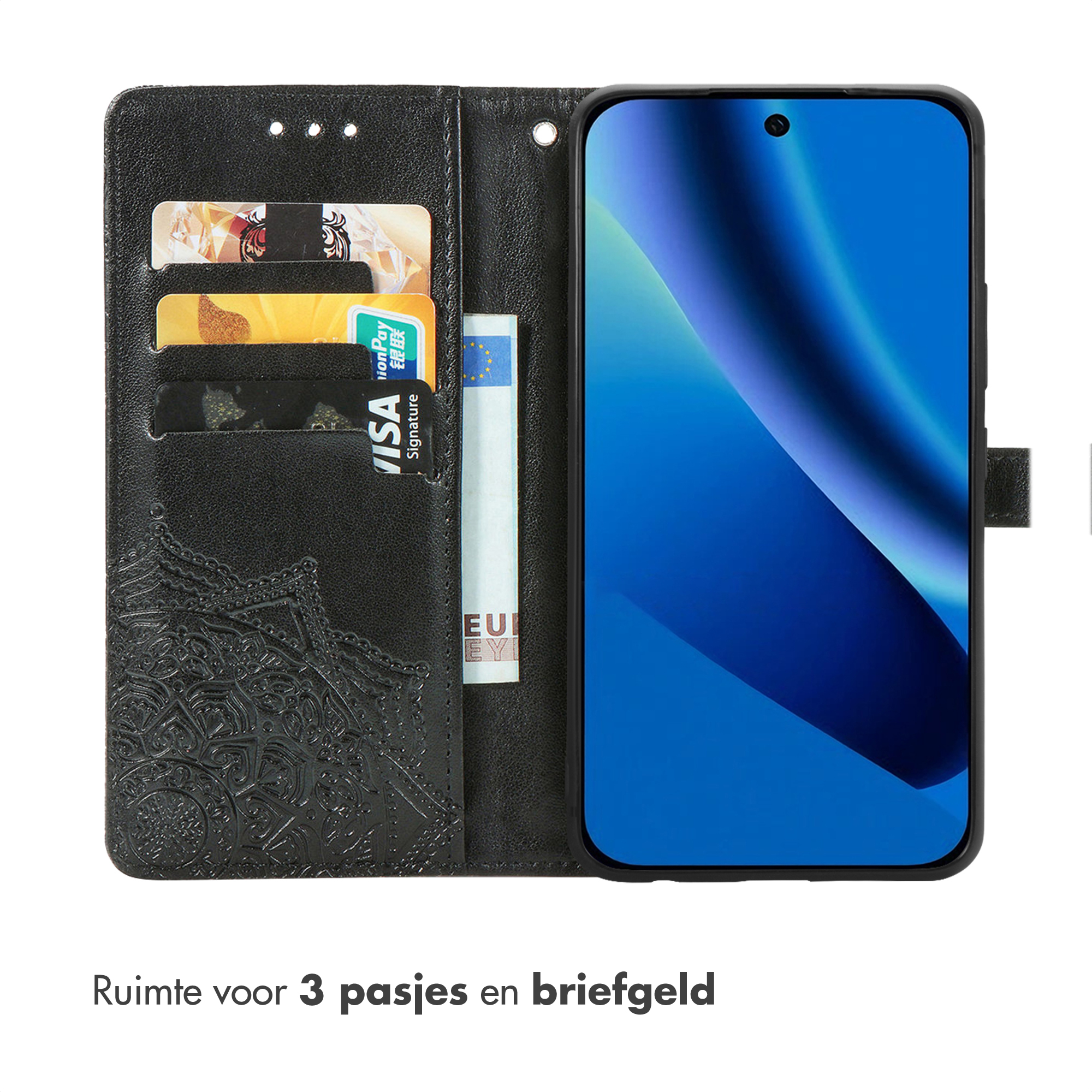 Étui de téléphone noir avec emplacements pour cartes, un billet en euros et un smartphone.