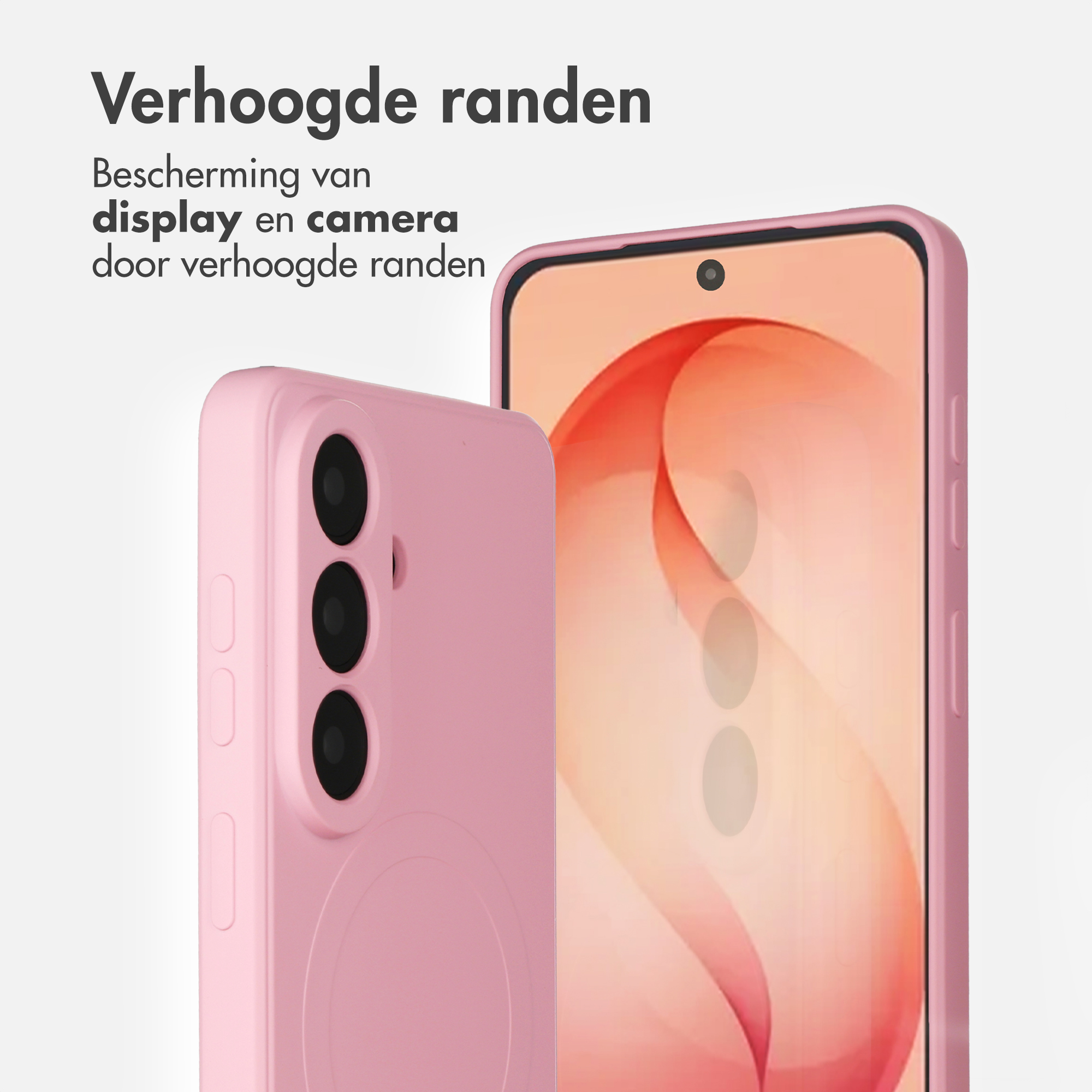 Een roze telefoonhoesje naast een telefoon met roze achtergrond.