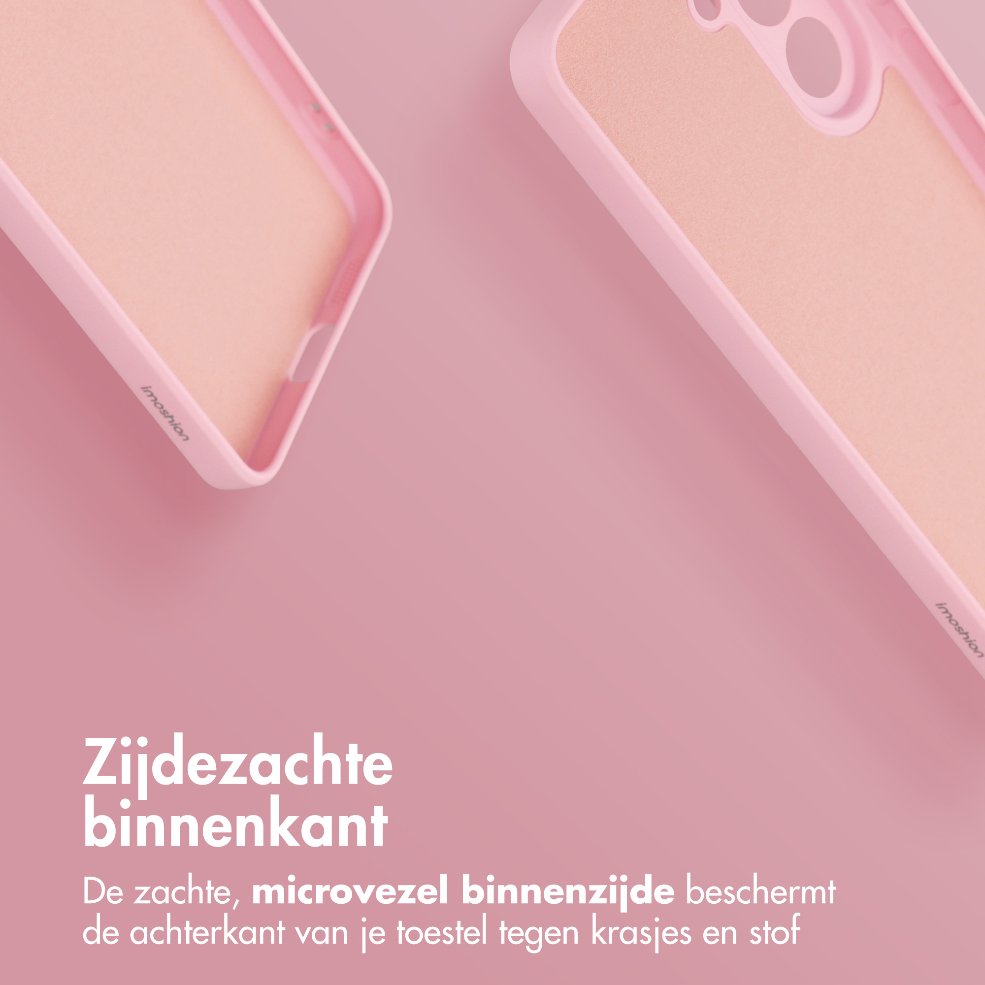 Twee roze telefoonhoesjes met zachte voering op roze achtergrond.