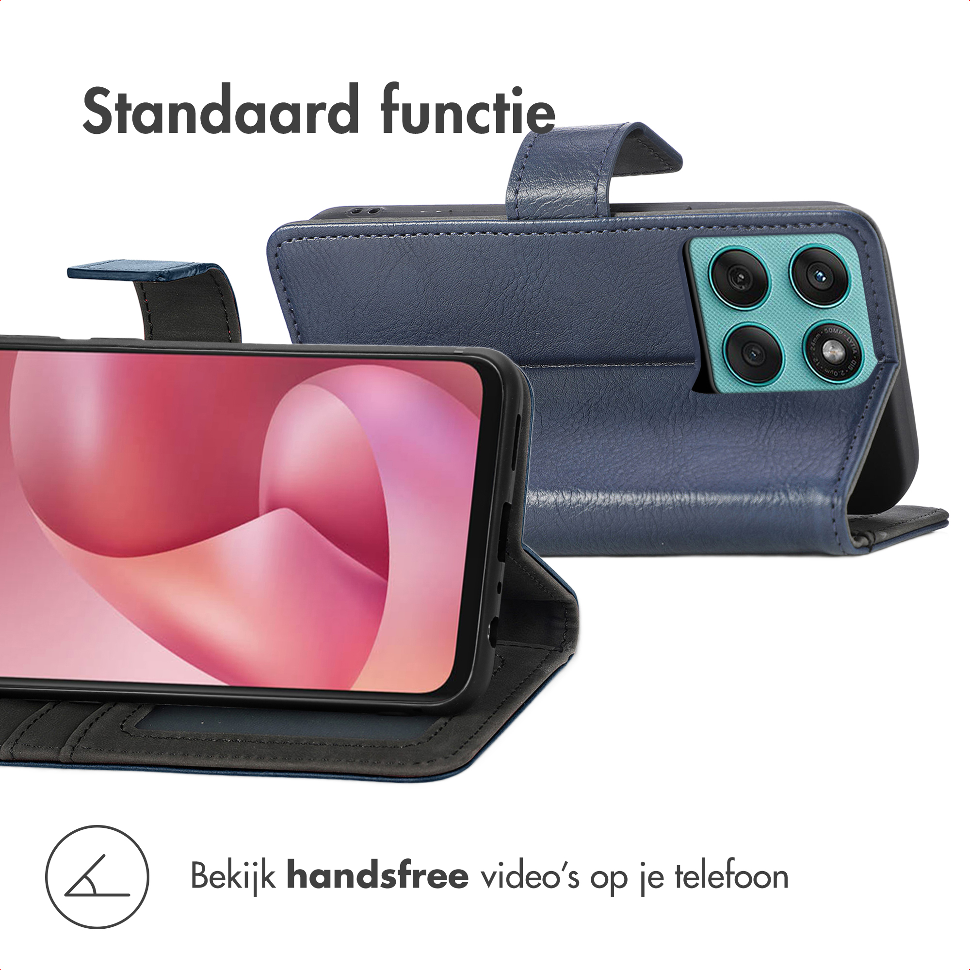 Een blauw telefoon flipcase met camera en scherm.
