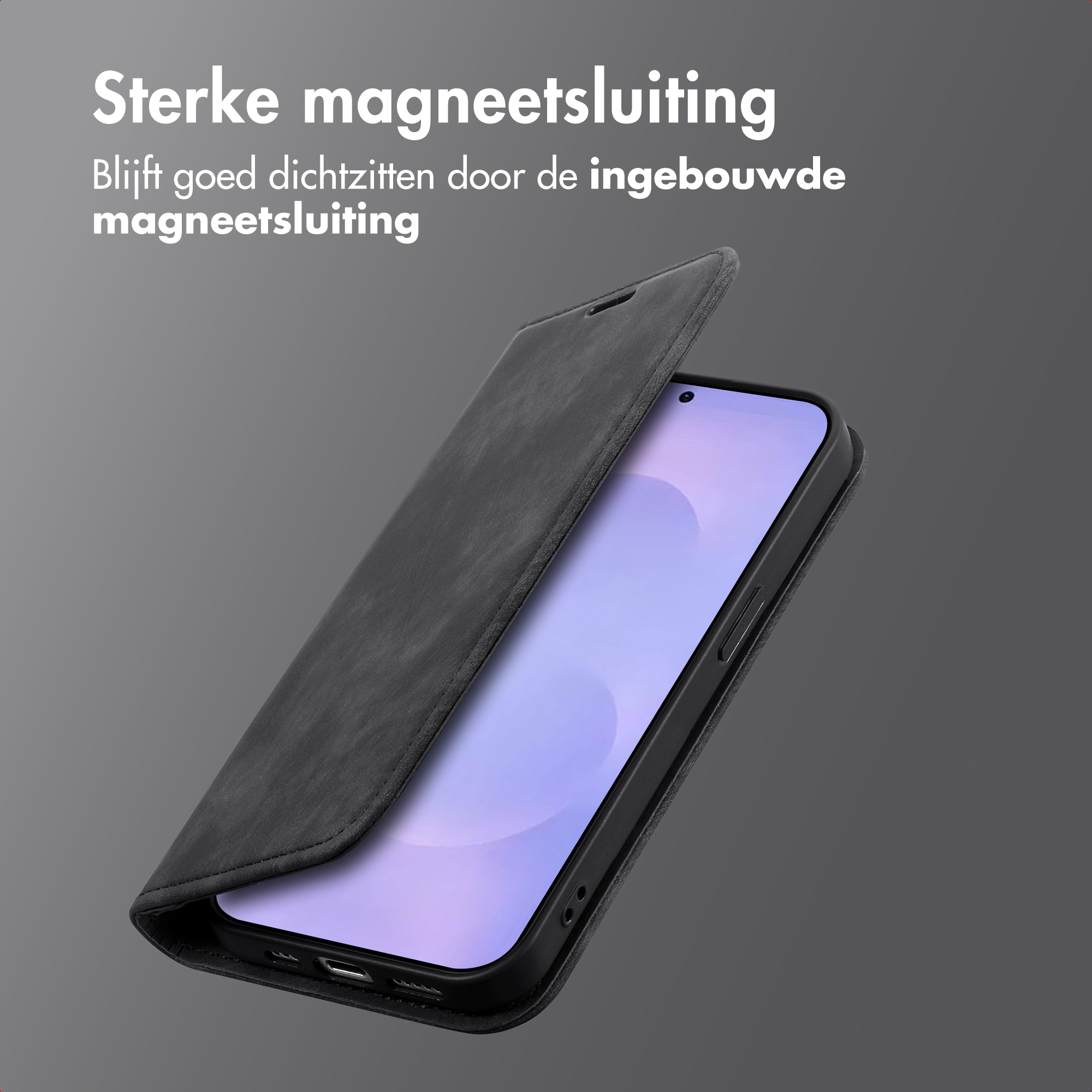 Custodia nera per telefono con coperchio aperto, che mostra uno smartphone con schermo viola.