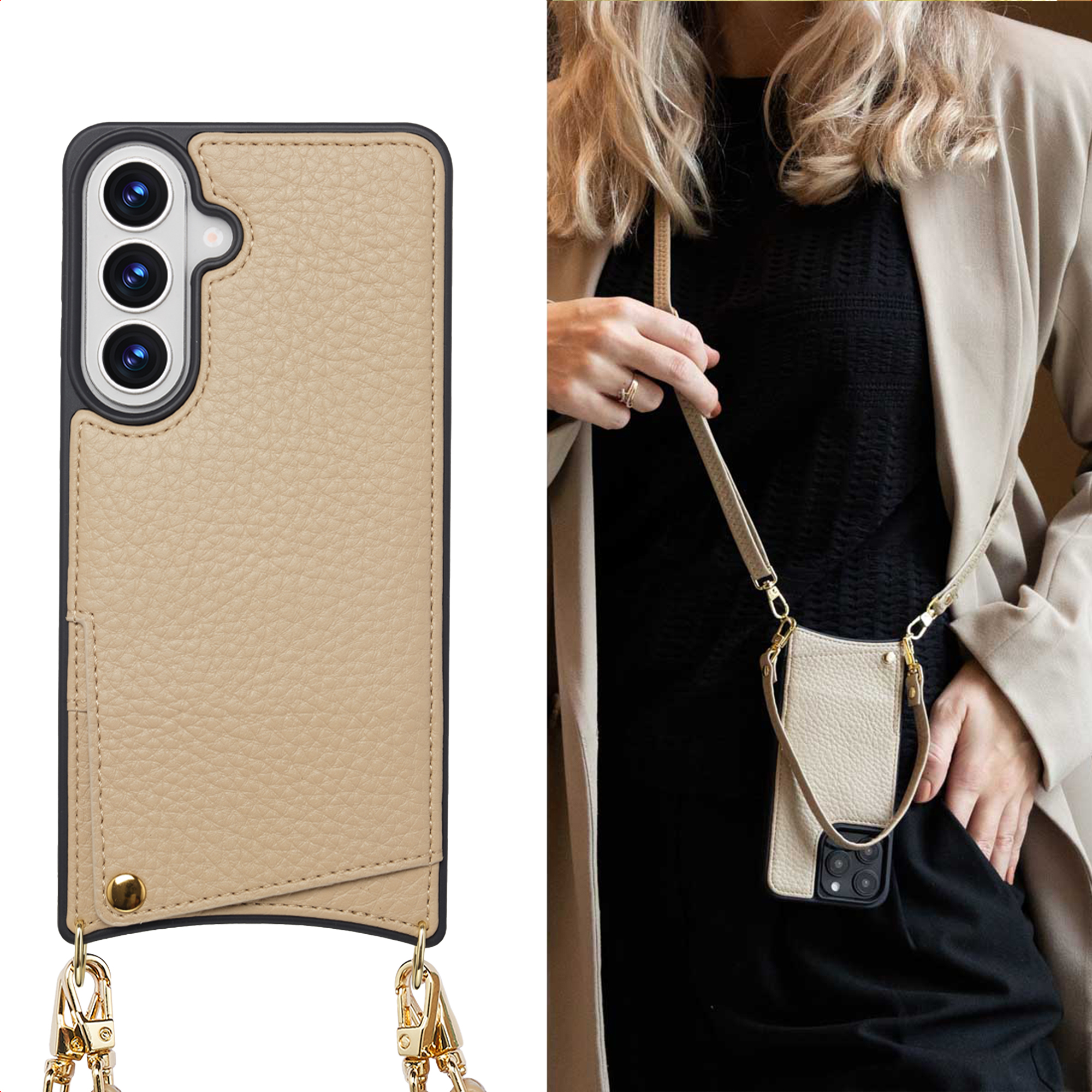Coque de téléphone en cuir beige avec bandoulière et quincaillerie dorée.