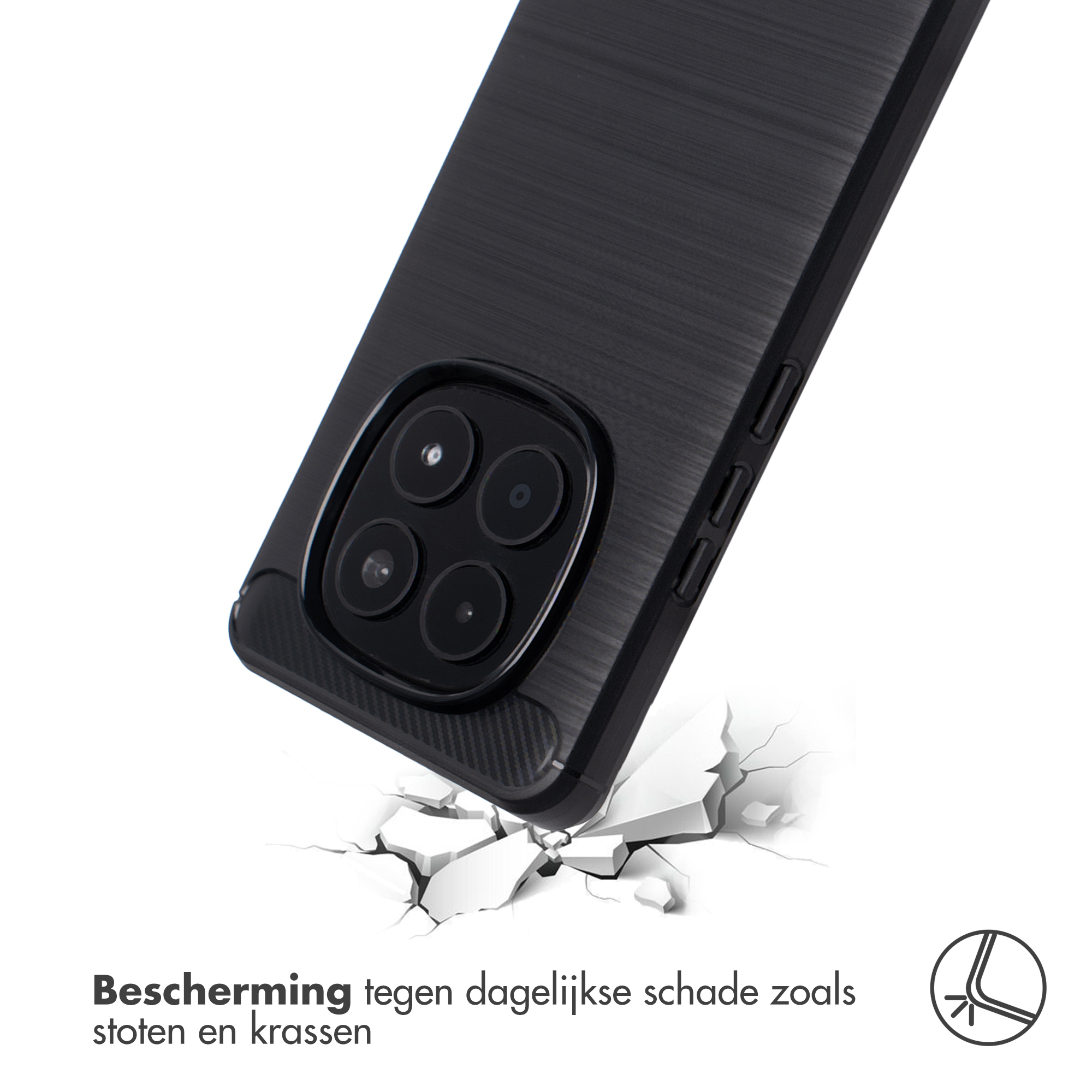 Zwarte telefoonhoes valt en breekt witte vloer. Impactbeschermingsicoon.