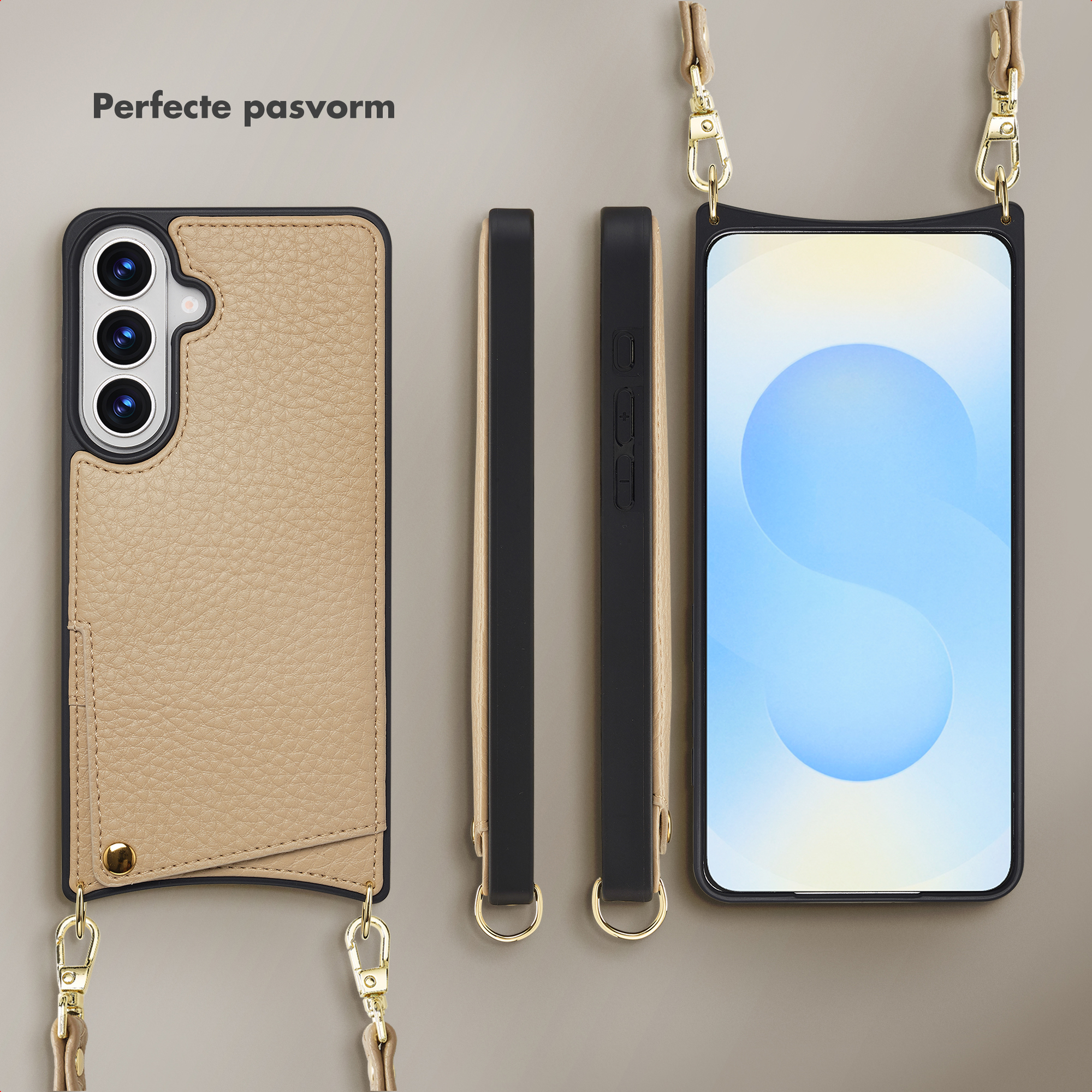 Une coque de téléphone en cuir beige avec trois caméras et une lanière.
