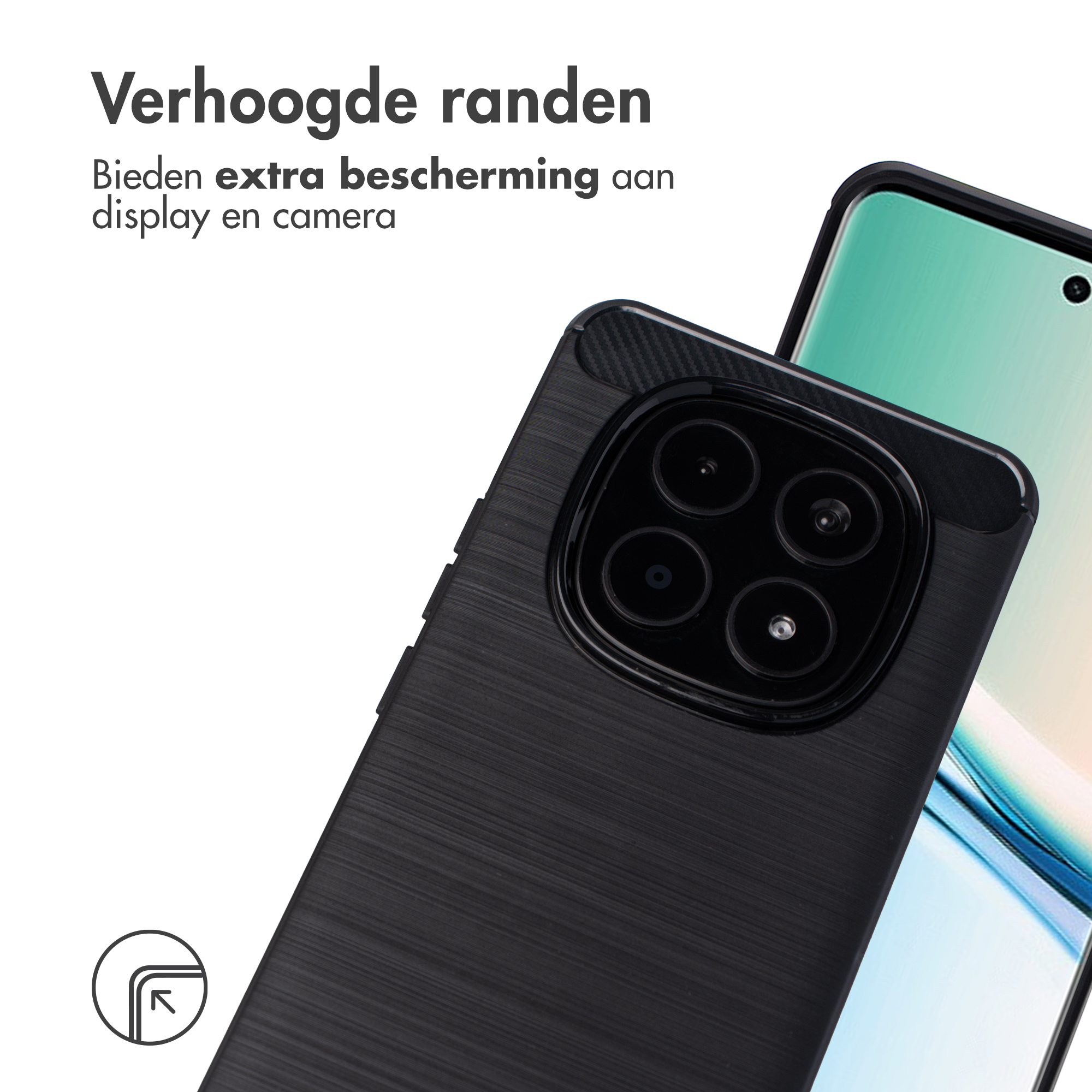 Zwarte telefoonhoes met meerdere camera's en een deel van het scherm.