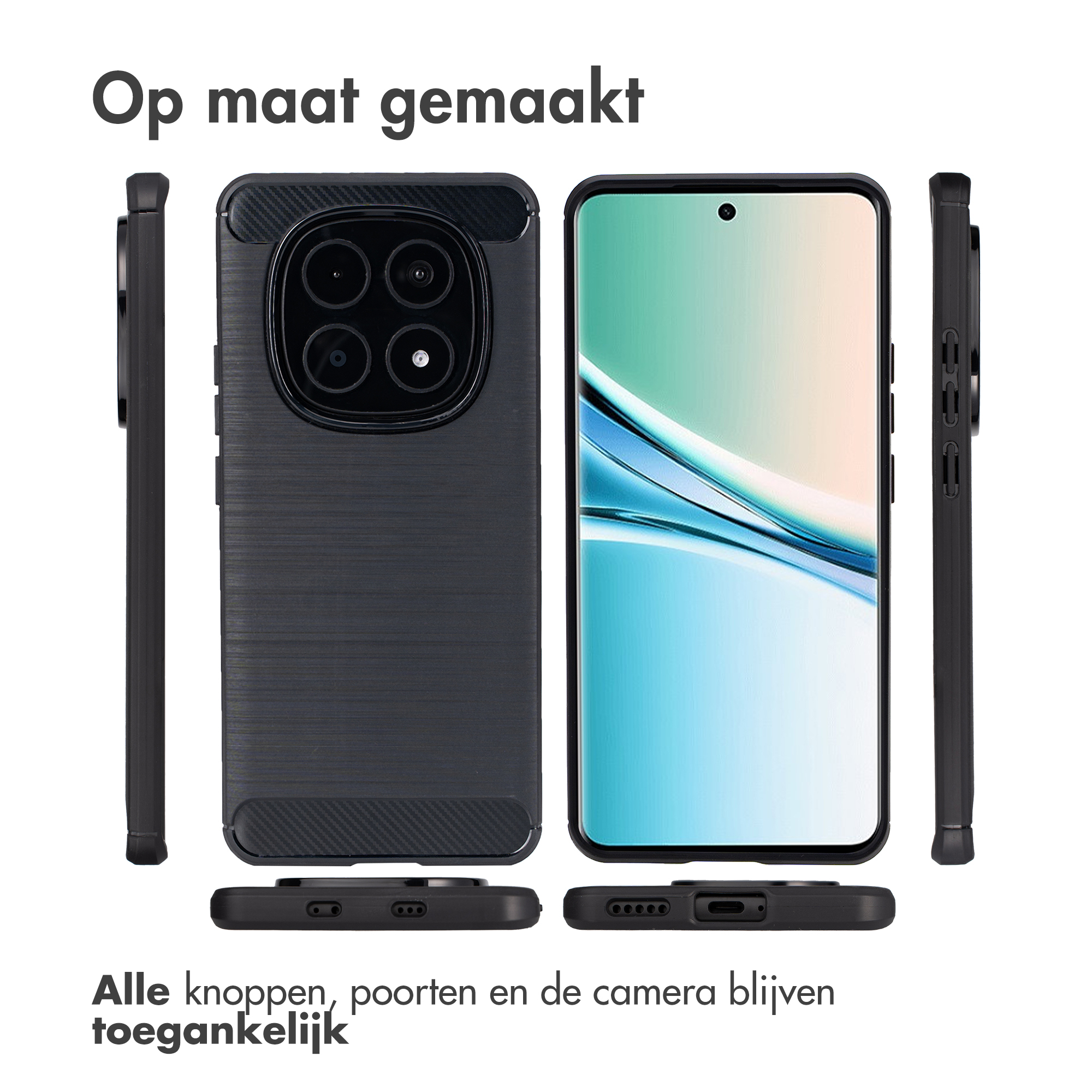 Zwarte telefoonhoes met camera-uitsparing en zijaanzichten.
