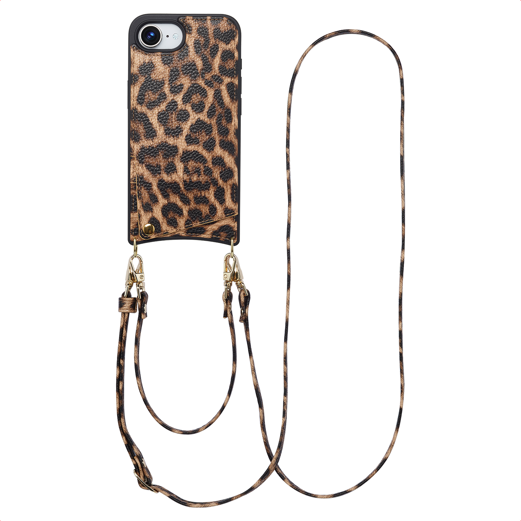 Bruine telefoonhoes met luipaardprint en lange band.