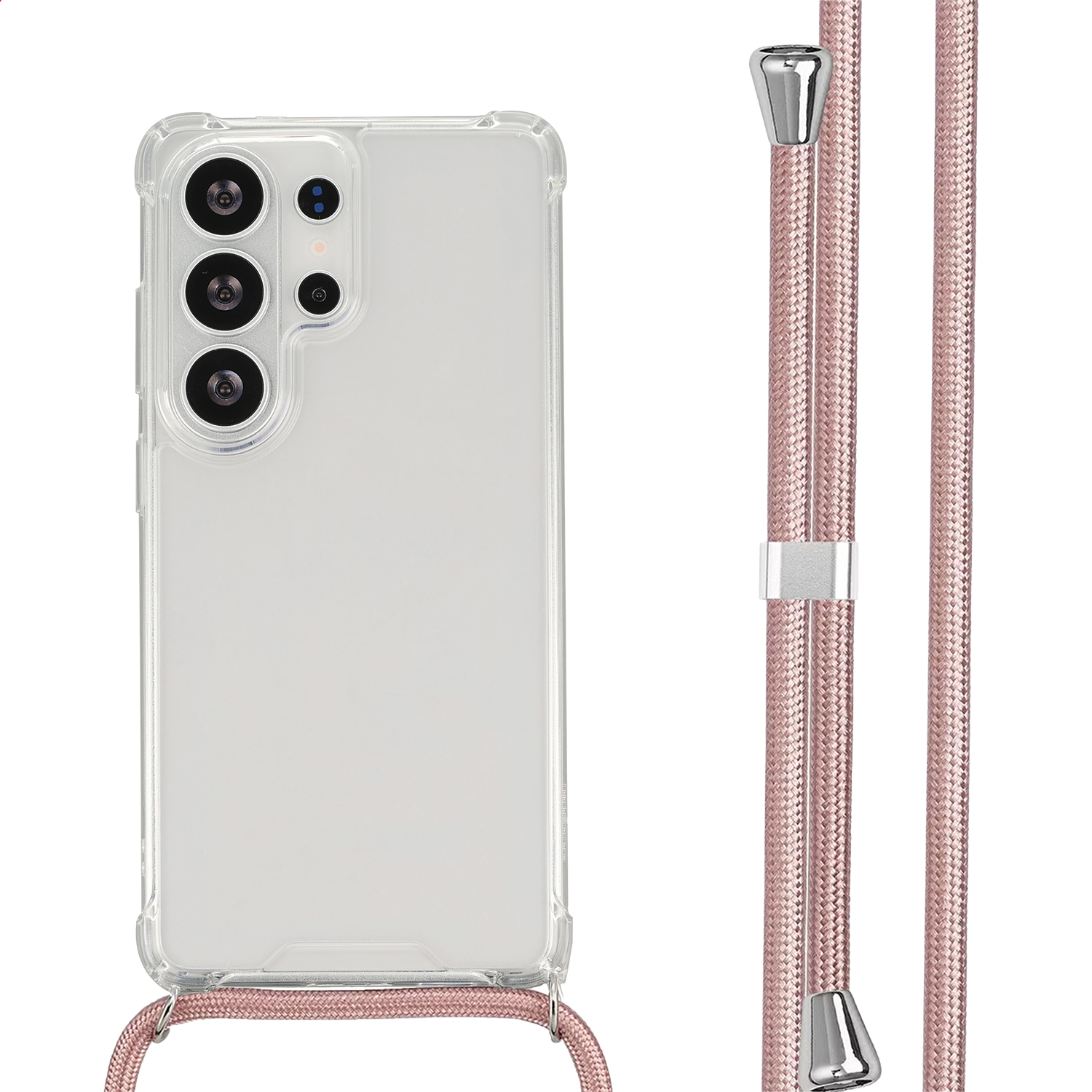 Coque transparente pour téléphone avec quatre caméras et cordon rose.