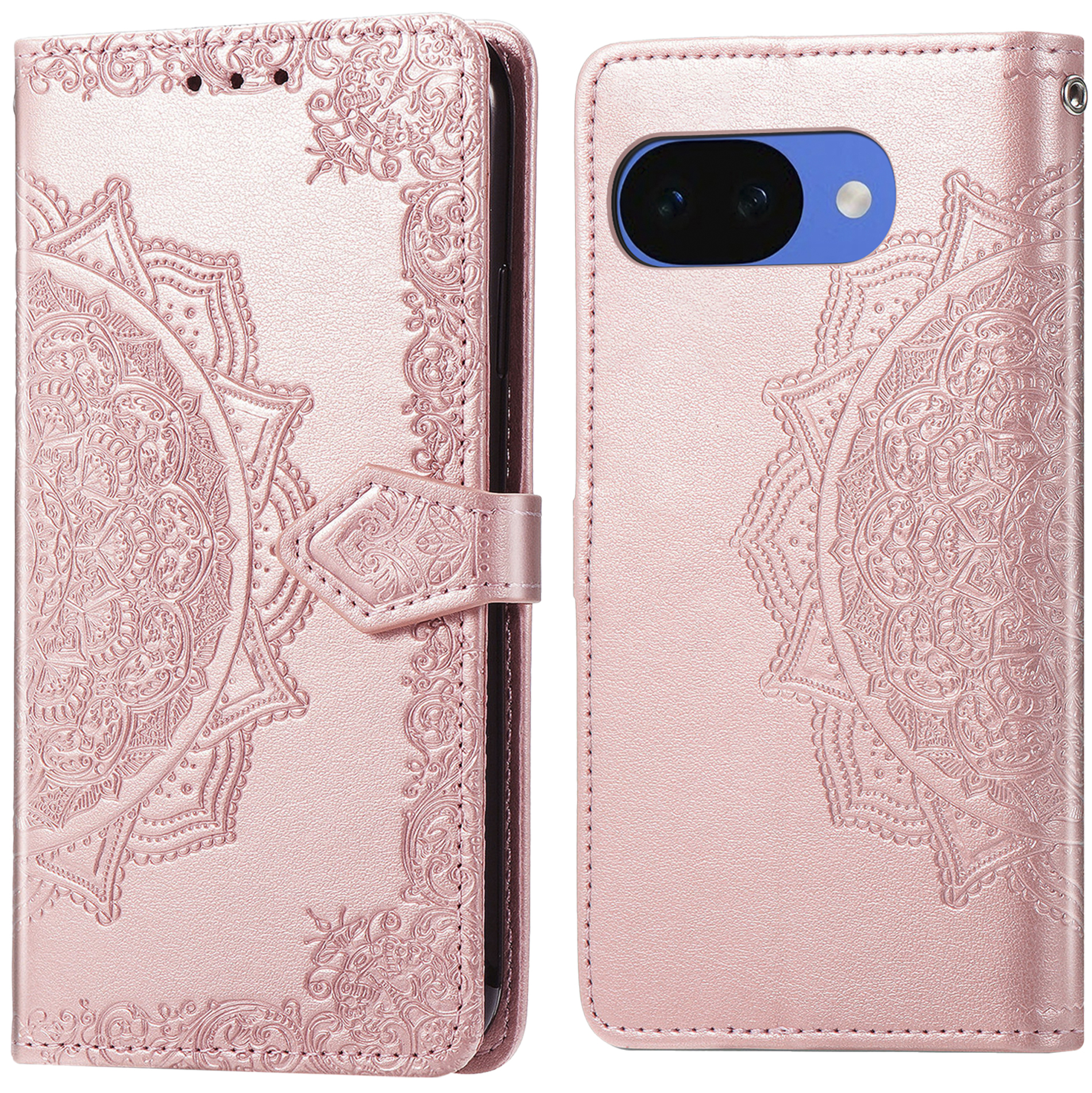 Coque de téléphone rose avec motif mandala en relief et découpe caméra.