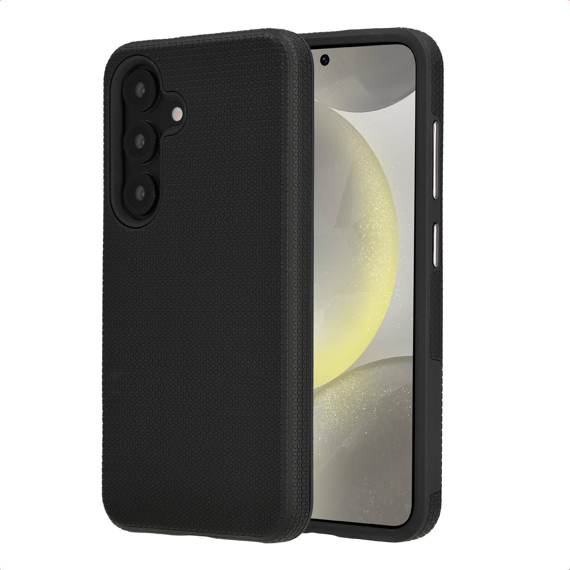 Téléphone noir avec triple appareil photo et étui texturé, à côté d'un smartphone.