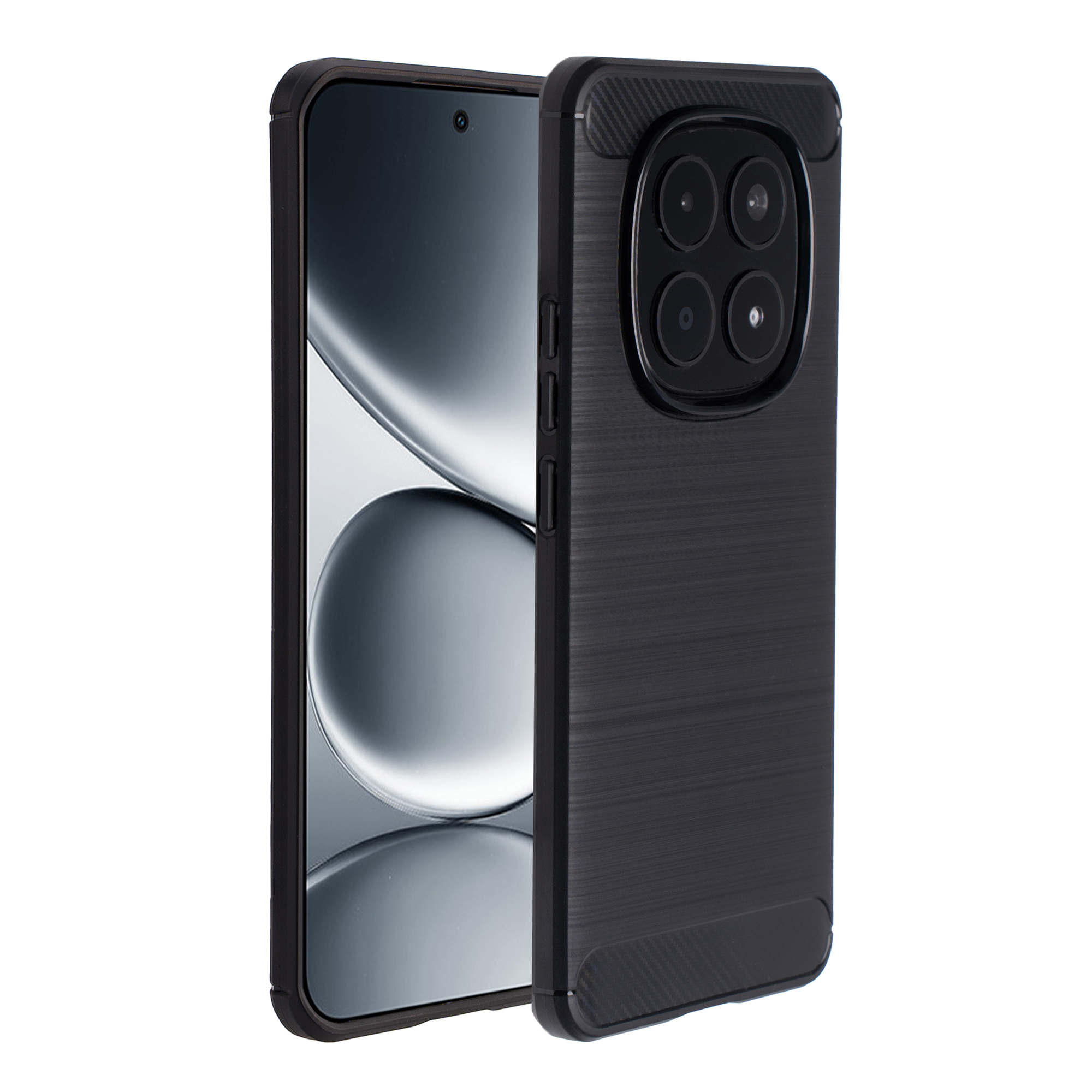 Uno smartphone nero con alloggiamento fotocamera a quattro lenti e finitura spazzolata.