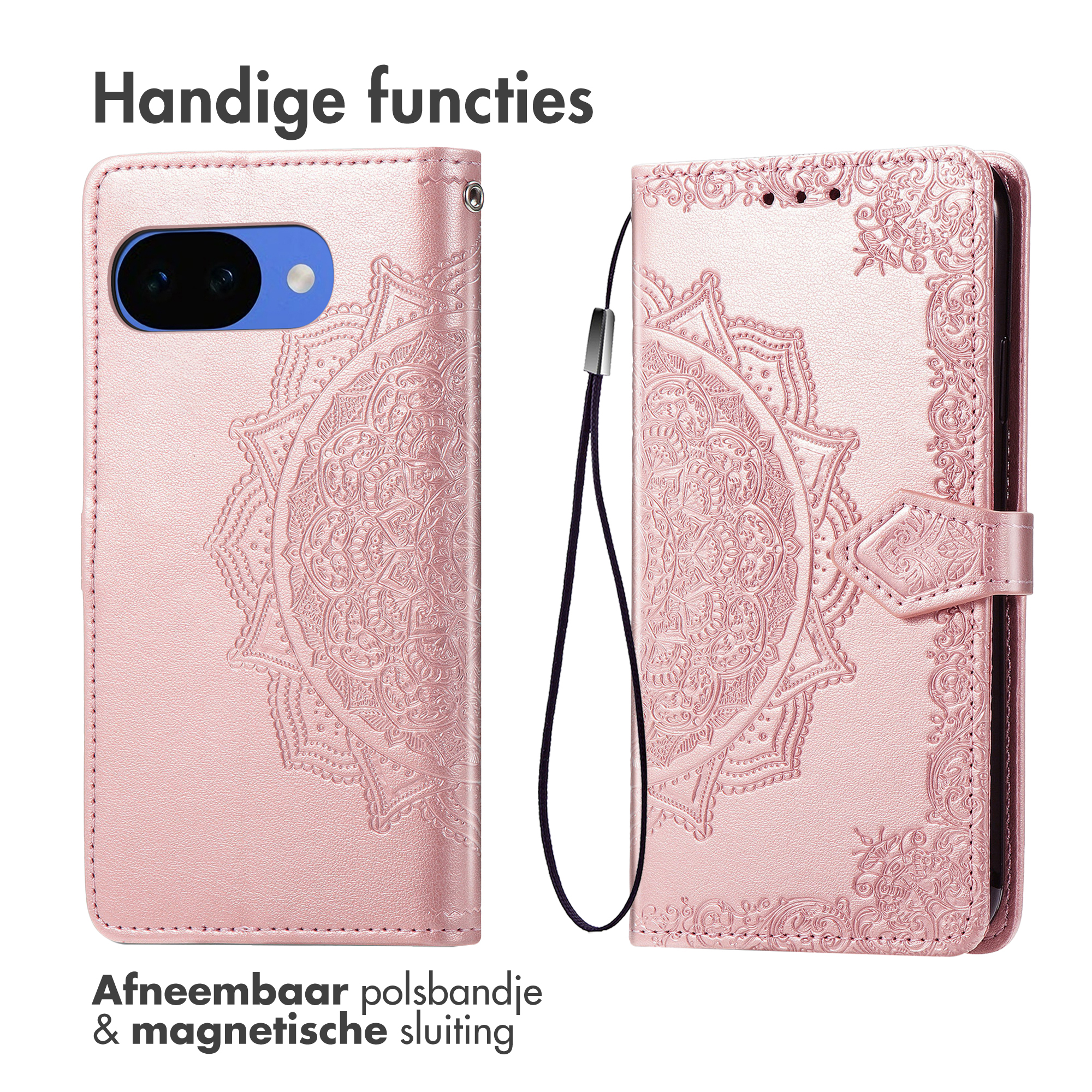 Une coque de téléphone rose à motif mandala en relief, ouverte et fermée.