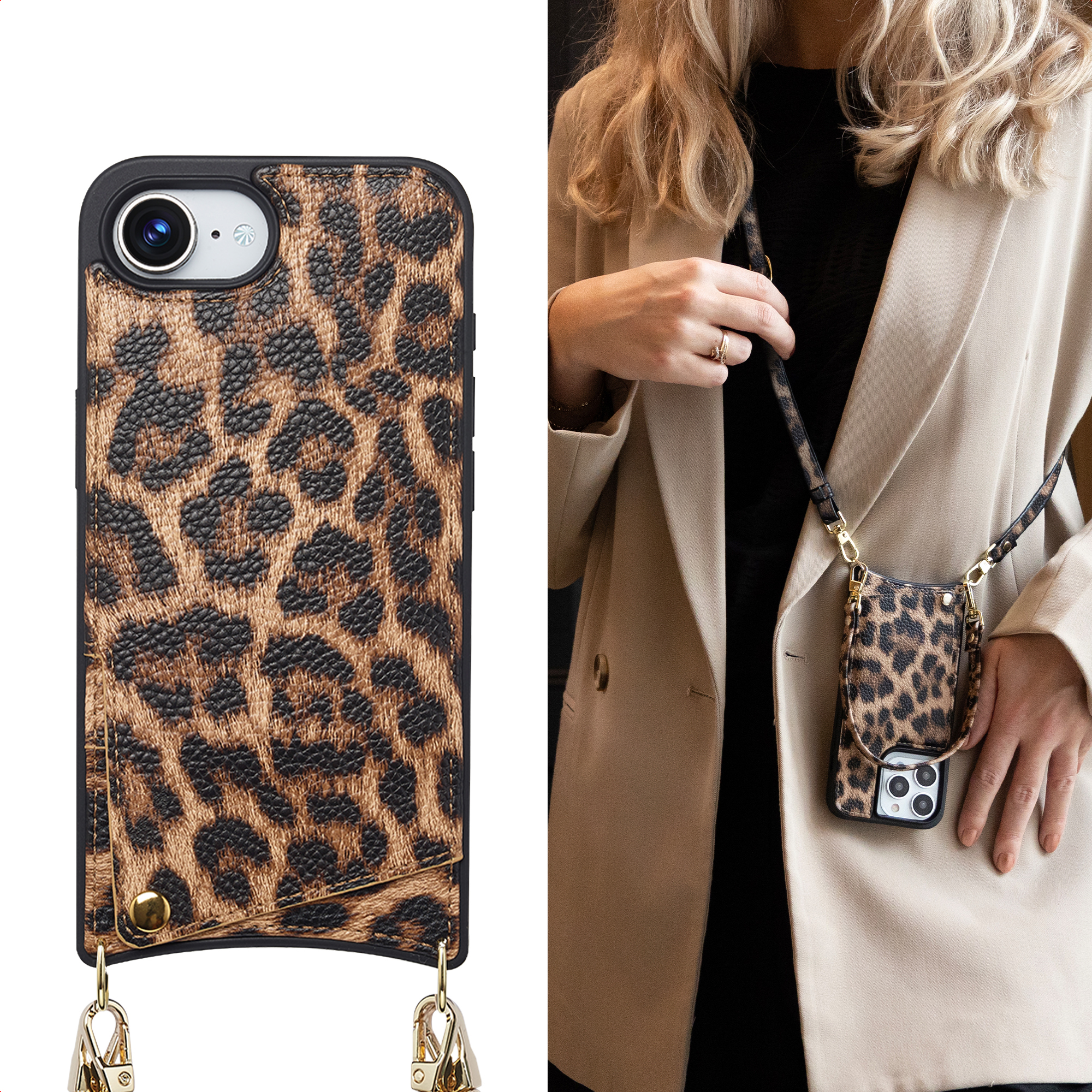 Leopardprint telefoonhoes met band en gouden clips.