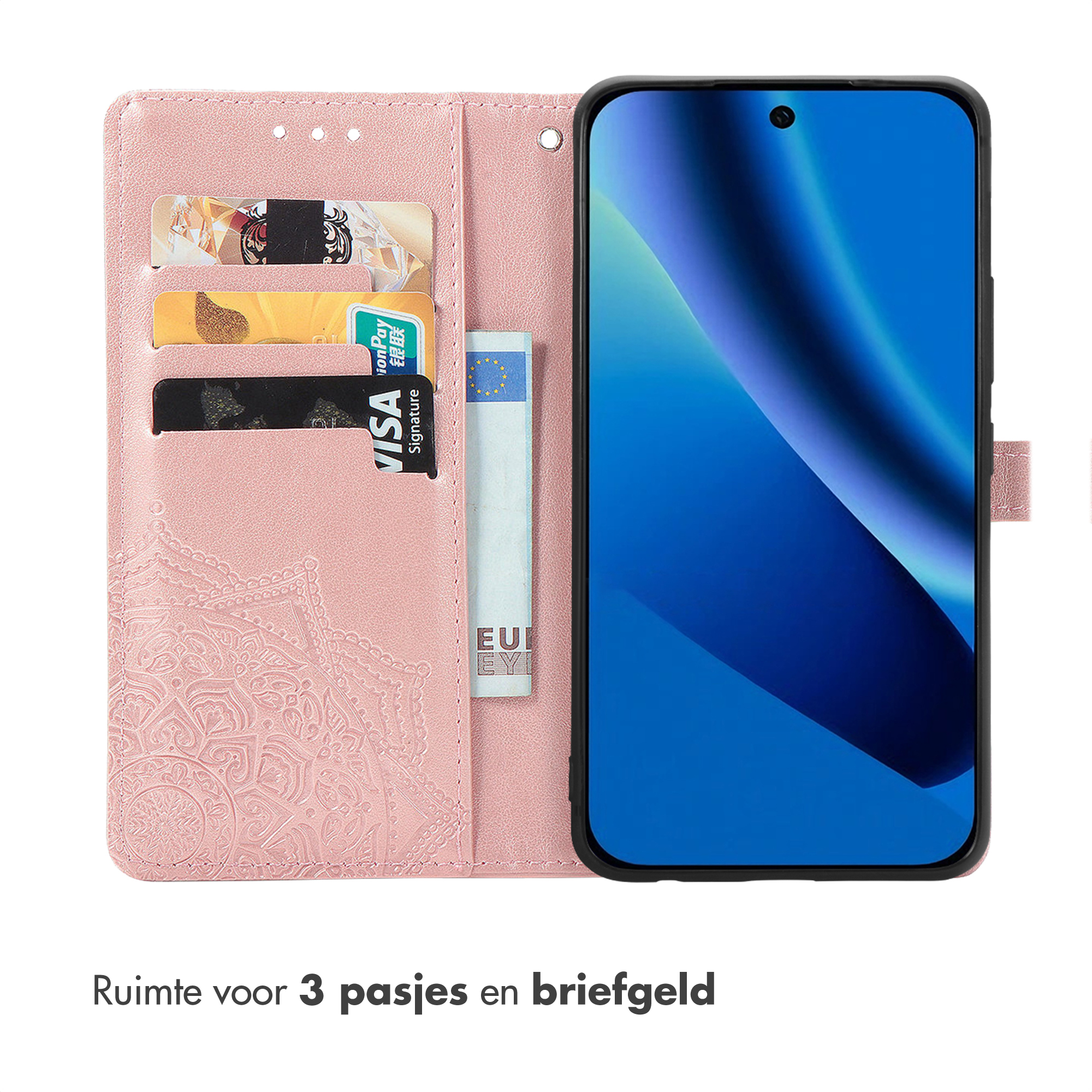 Un étui de téléphone rose avec des fentes pour cartes, une carte Visa et un billet en euros.