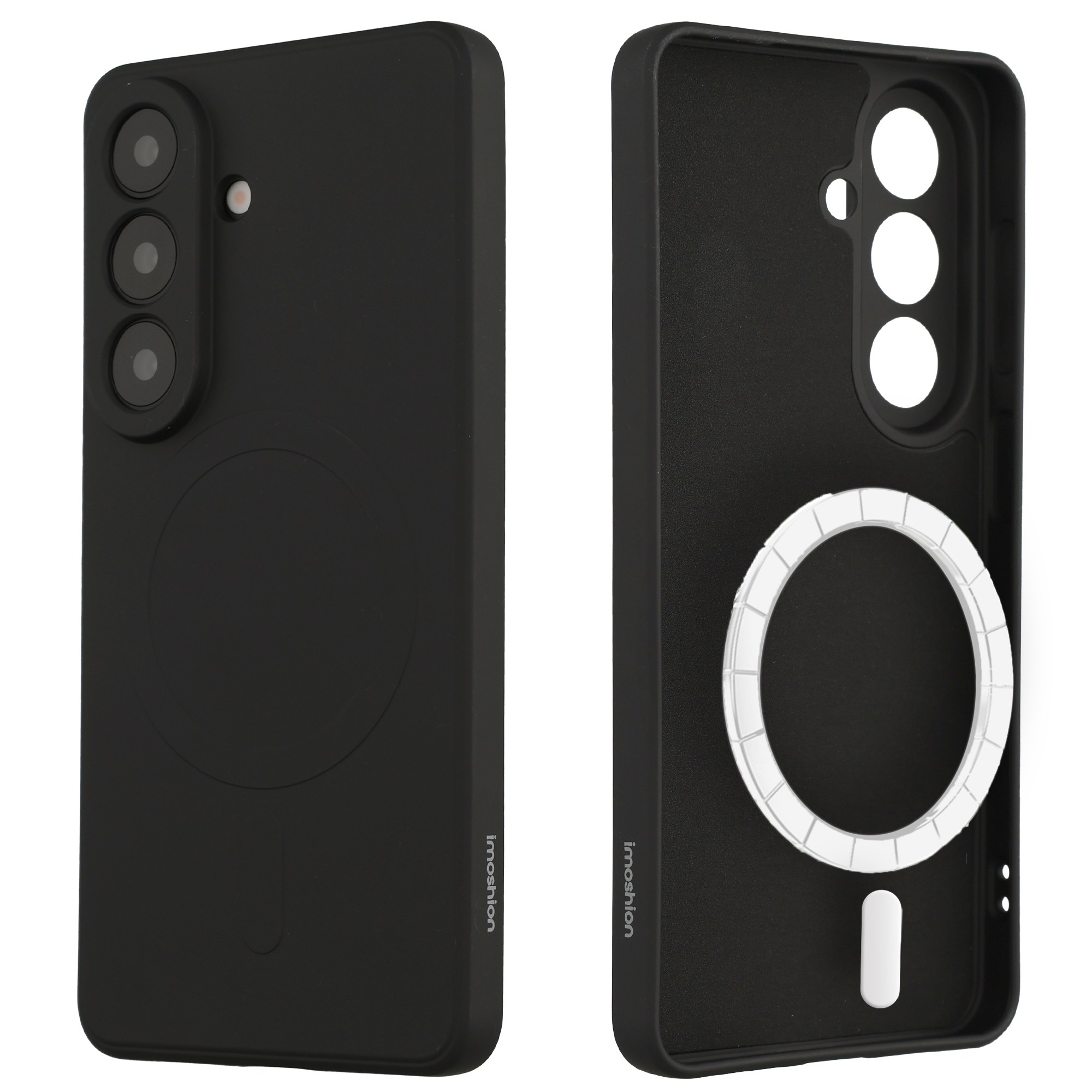 Zwarte telefoonhoes met camera's aan de voorkant en magneetring aan de achterkant.