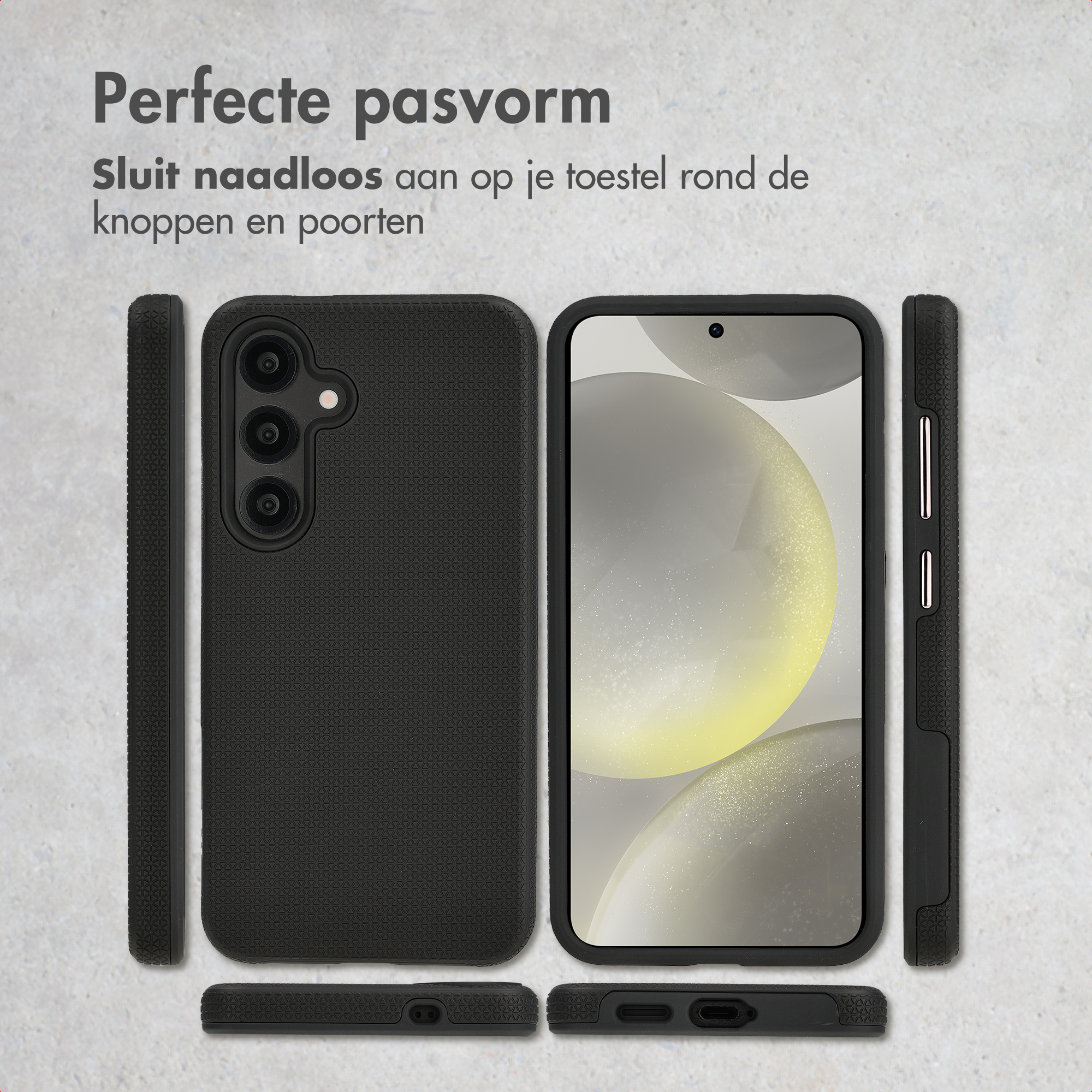 Coque de téléphone noire avec vues caméra et écran sur fond gris.
