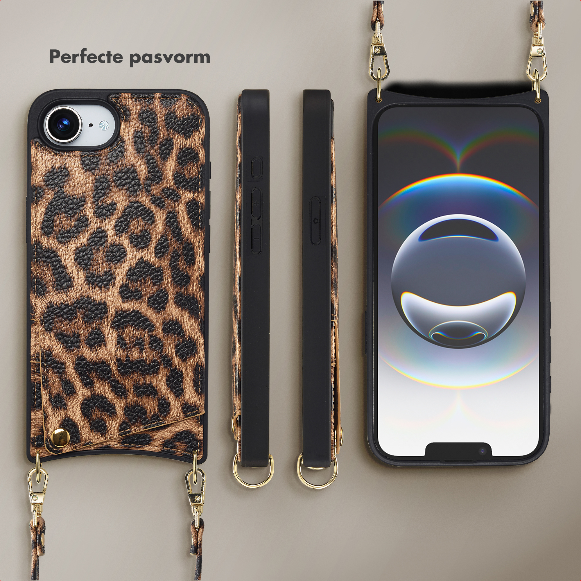 Luipaardprint hoesje met band en telefoon.