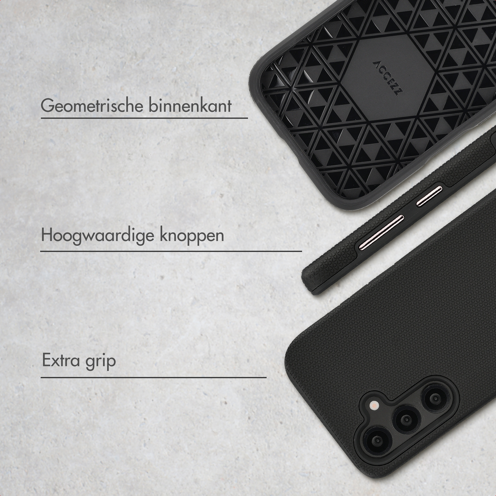 Coque de téléphone noire avec motif géométrique intérieur.