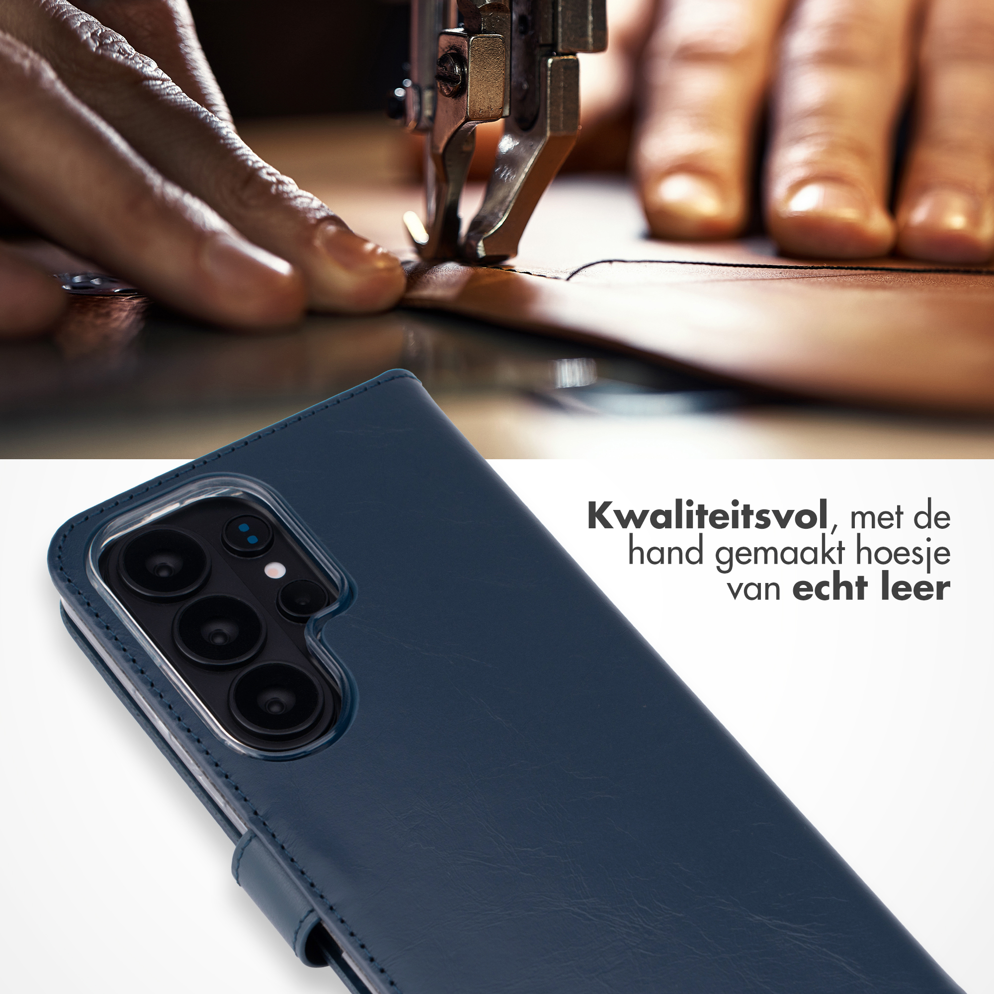 Handen naaien leer met naaimachine. Donkerblauw leren telefoonhoesje.
