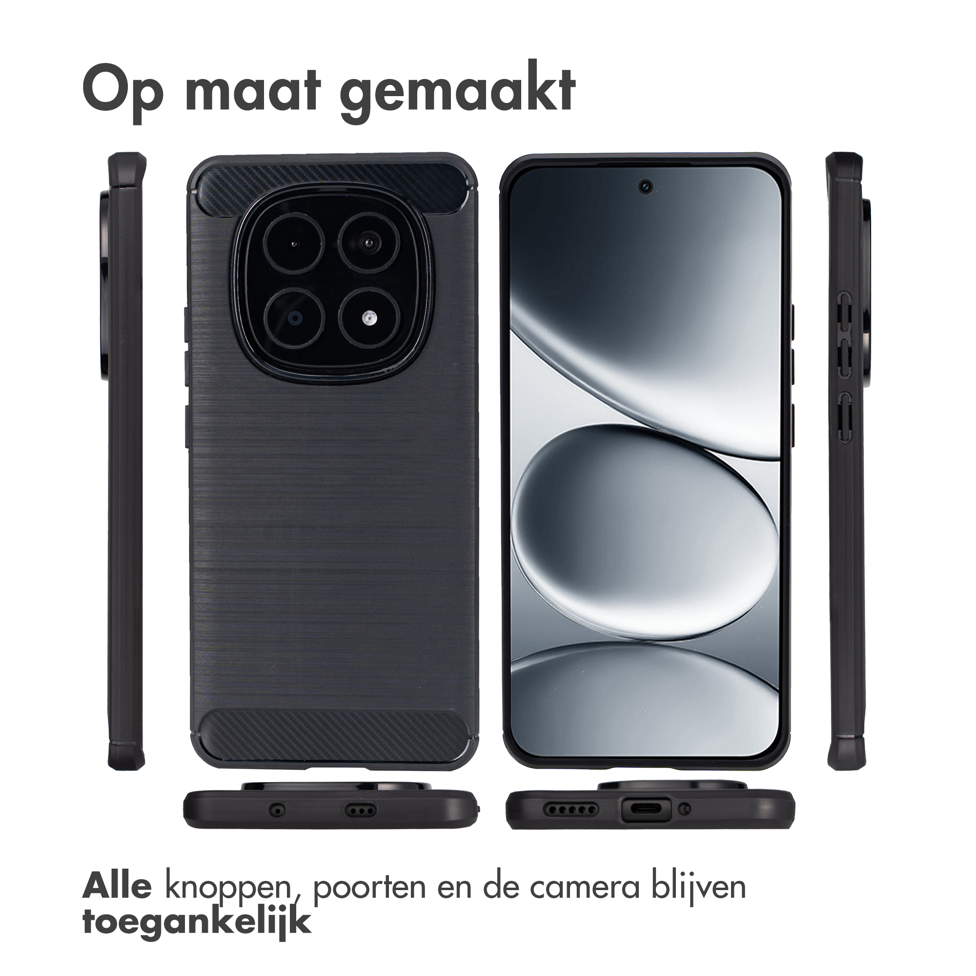 Cover nera per telefono mostrata da diverse angolazioni, evidenziando fotocamera e porte.