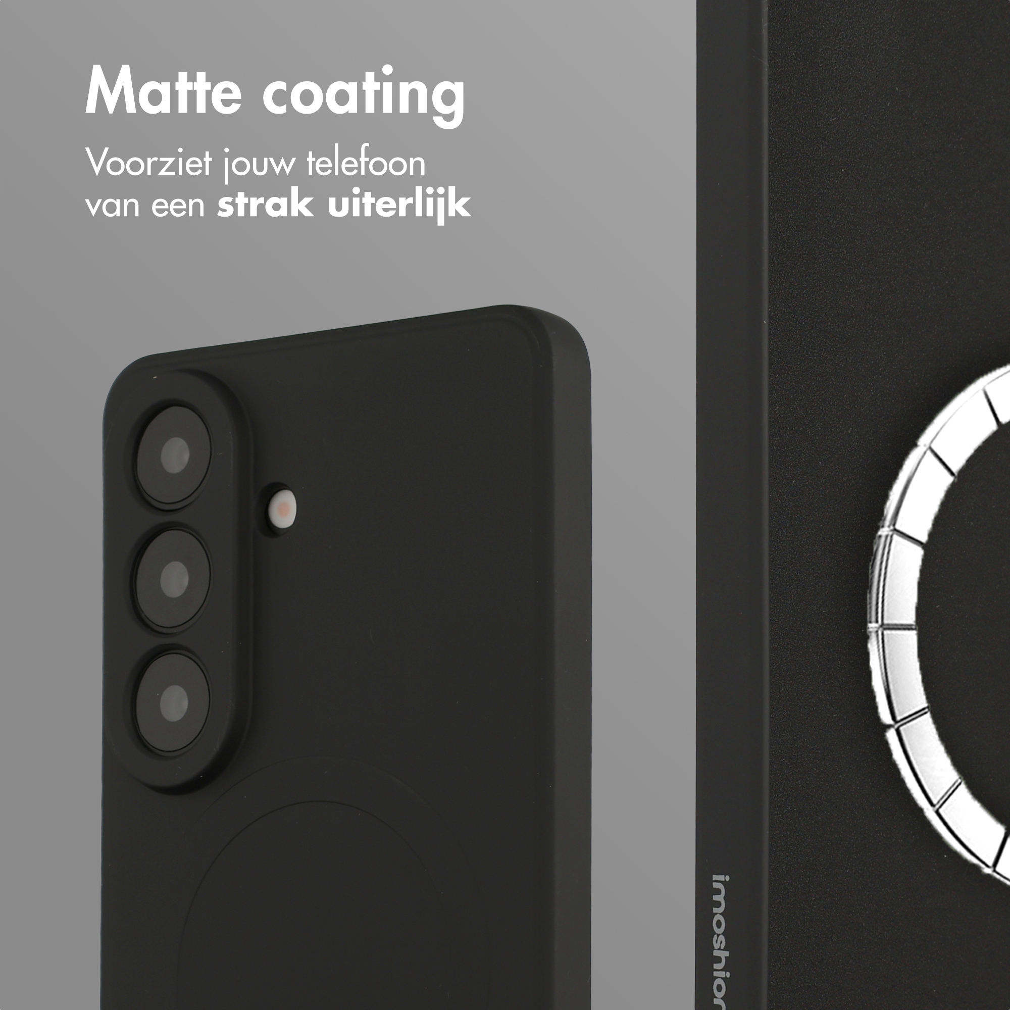 Zwarte telefoon met drie camera's en matte afwerking. Imoshion logo.