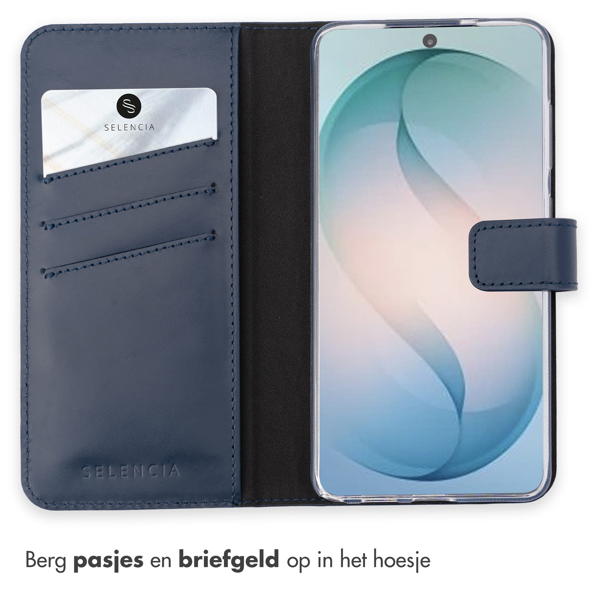 Blauwe telefoonhoes met kaarthouders en een telefoon.