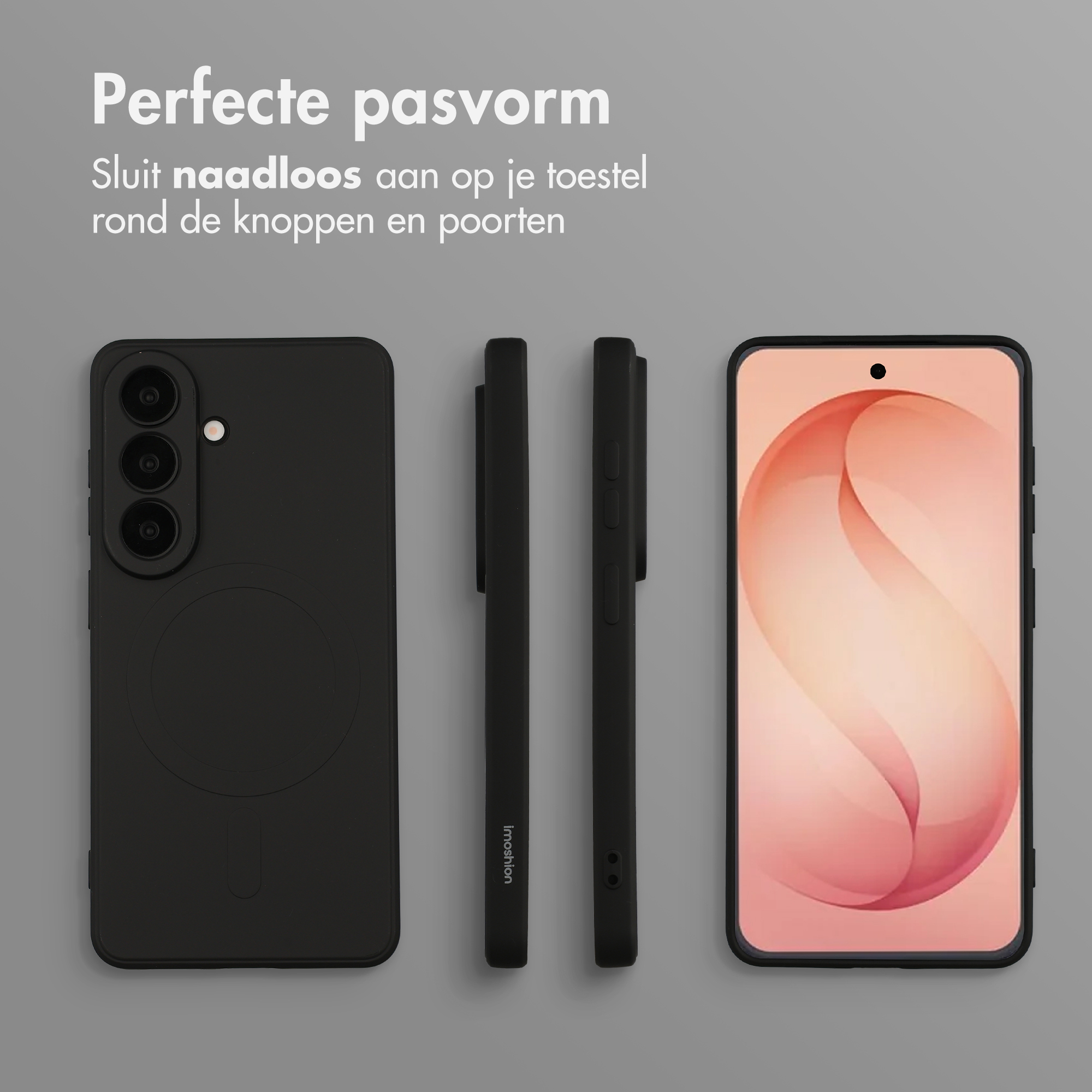 Zwarte telefoonhoes, achter- en zijaanzichten, voorkant met roze achtergrond.
