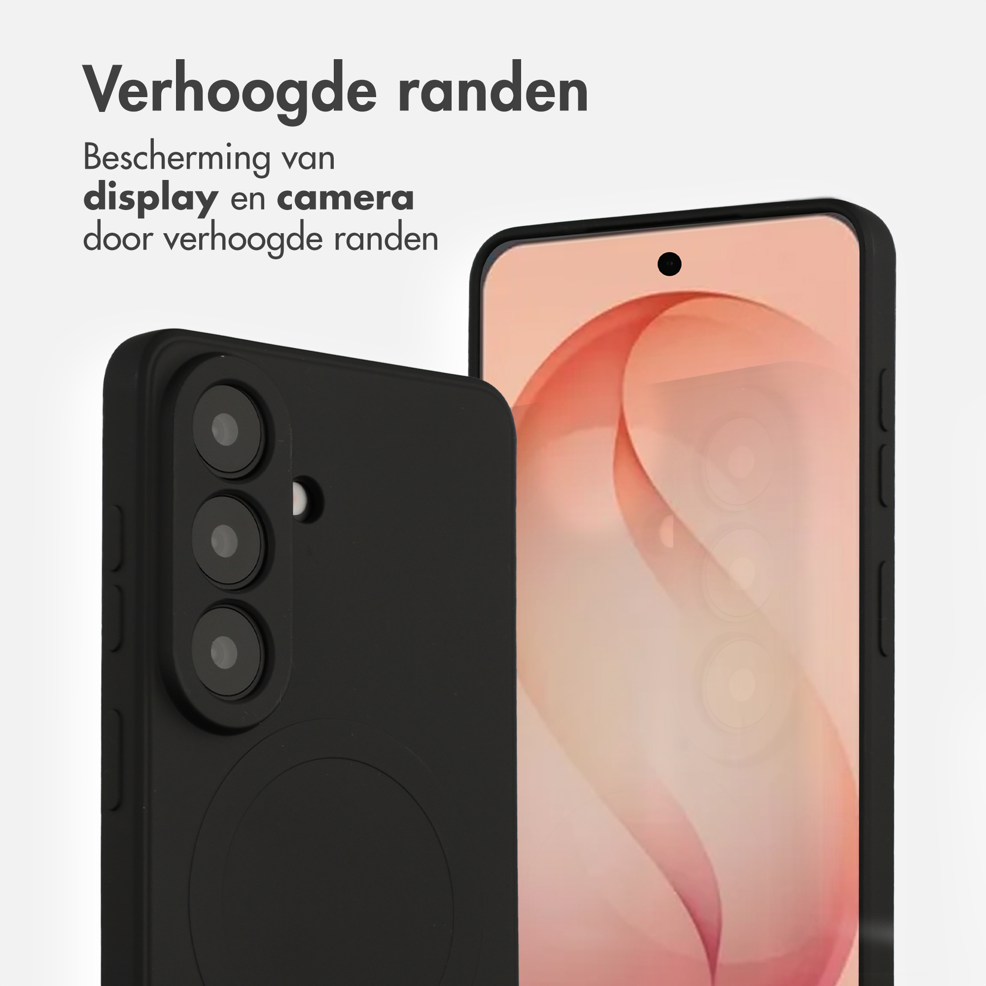 Een zwarte smartphone met drie camera's en een display met roze patroon.