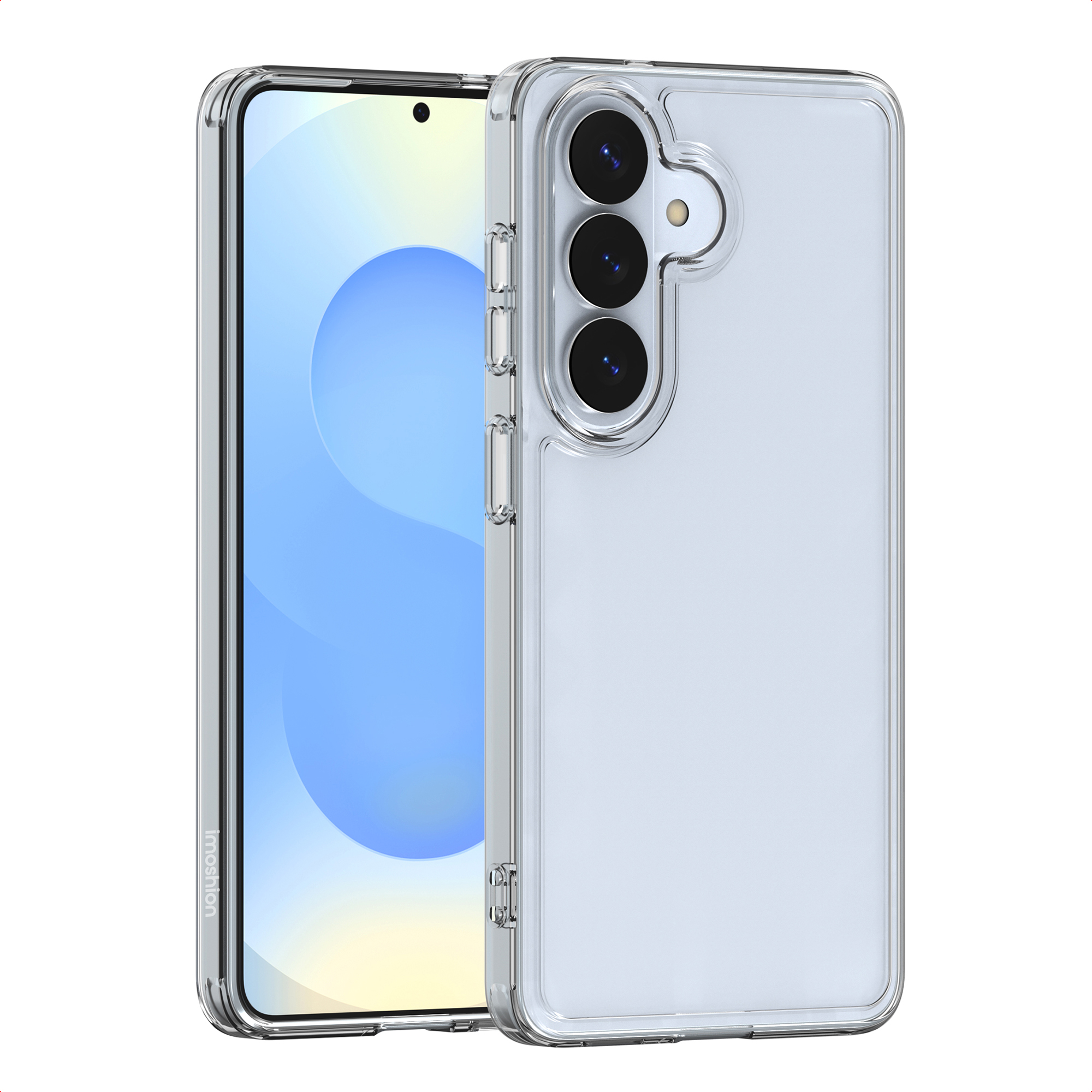 Una cover trasparente per telefono con tre fotocamere.