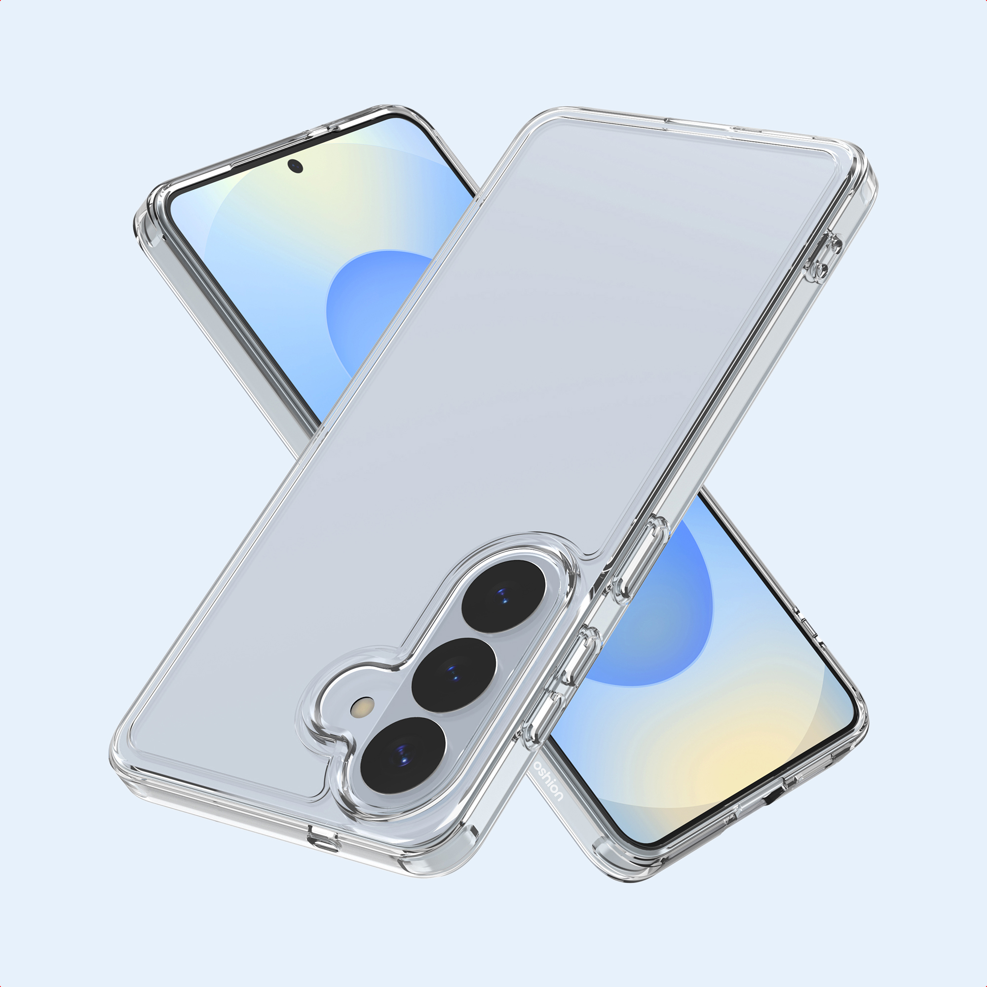 Custodia trasparente per telefono sovrapposta a un secondo smartphone.