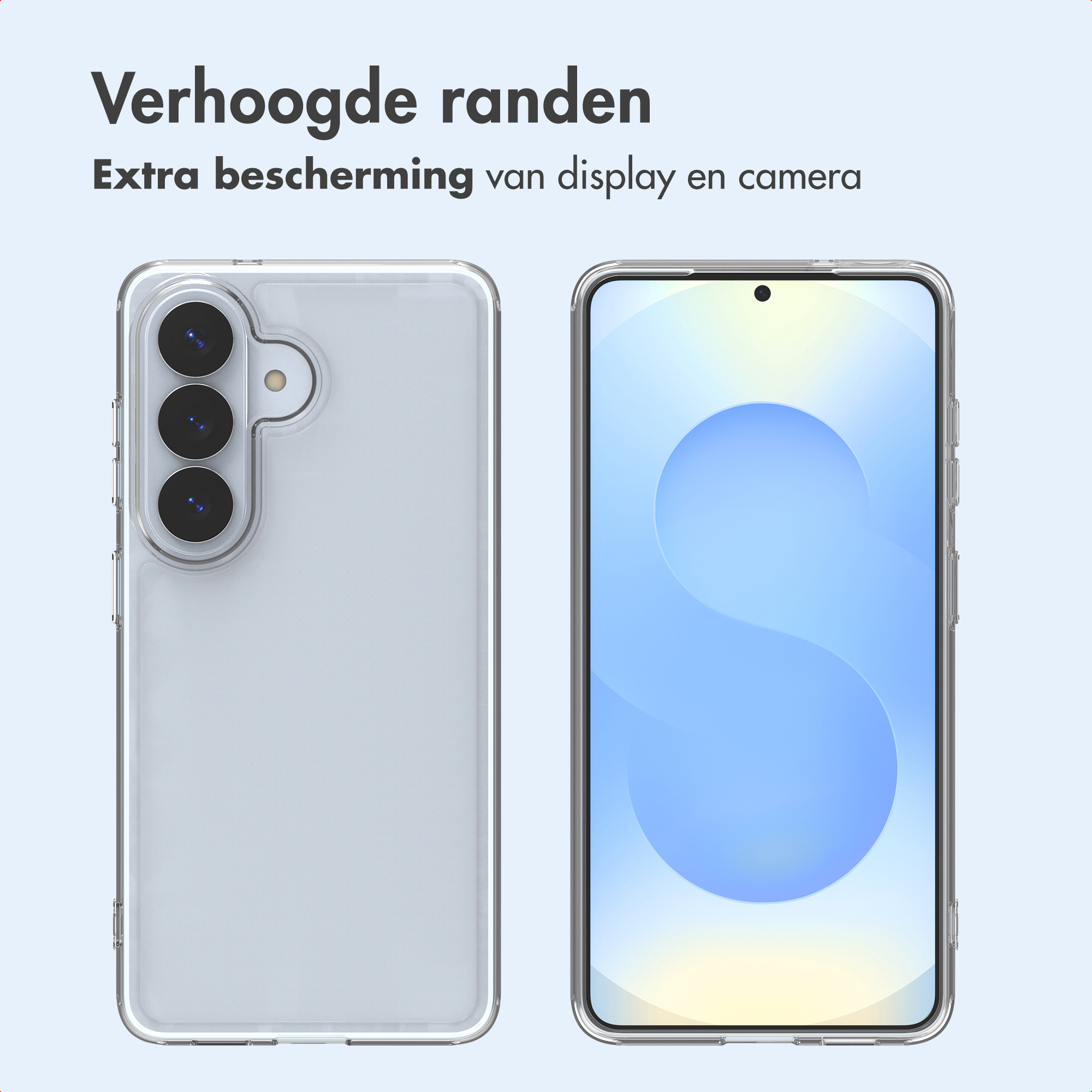Custodia trasparente per telefono mostra fotocamera e schermo con sfondo blu.