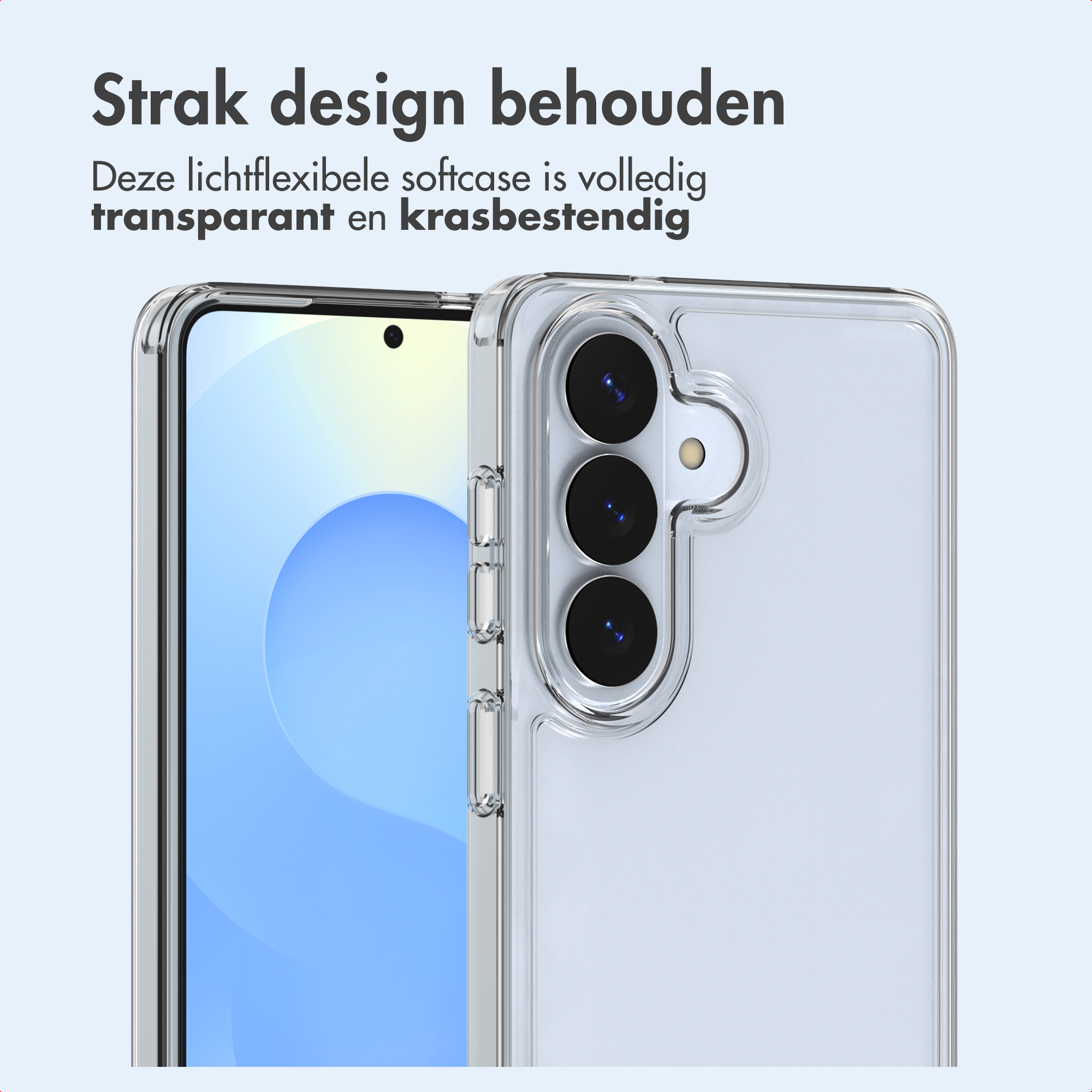 Custodia trasparente per telefono con tre obiettivi della fotocamera posteriore.