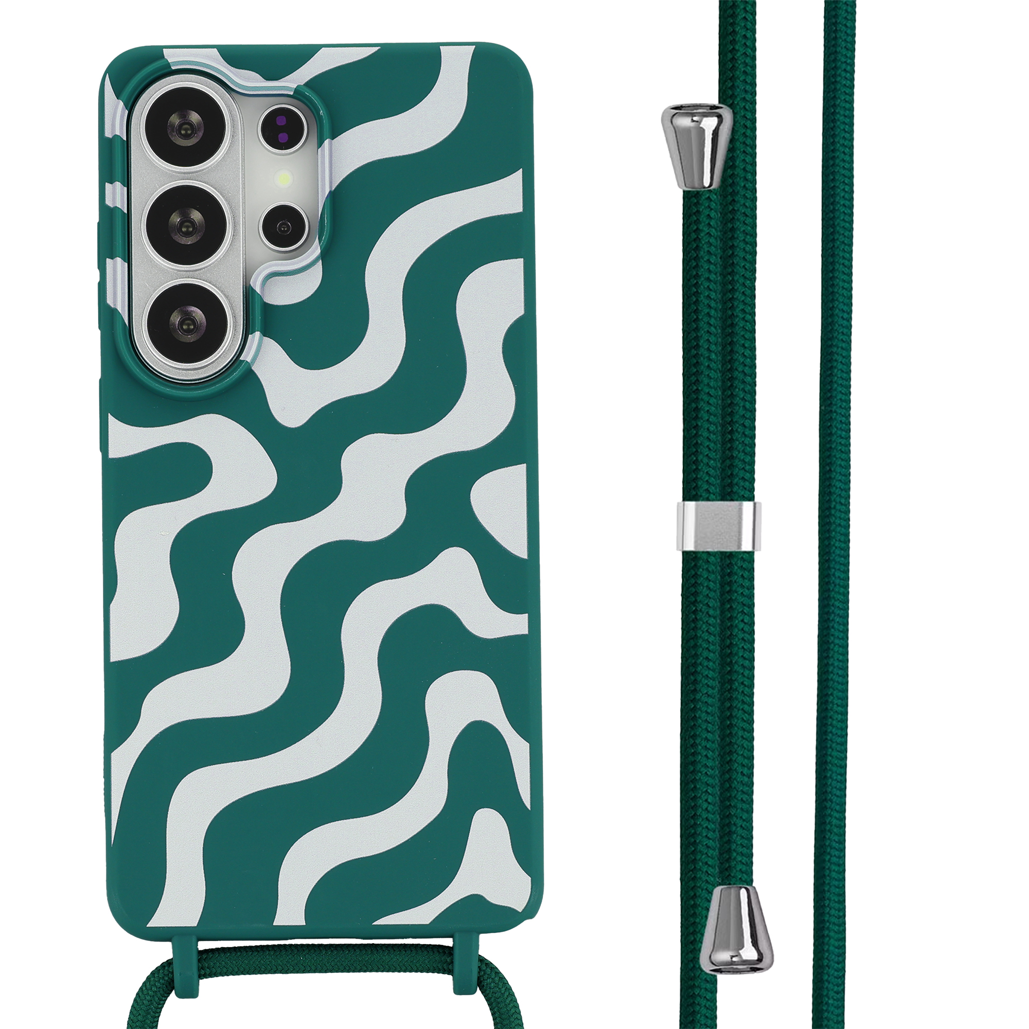 Une coque de téléphone verte à motif ondulé blanc et un cordon.