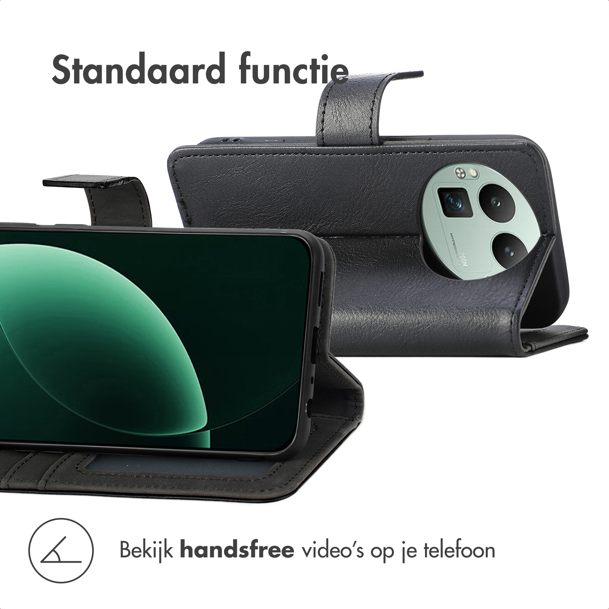 Étui de téléphone noir avec fonction support. Montre un téléphone avec fond vert.