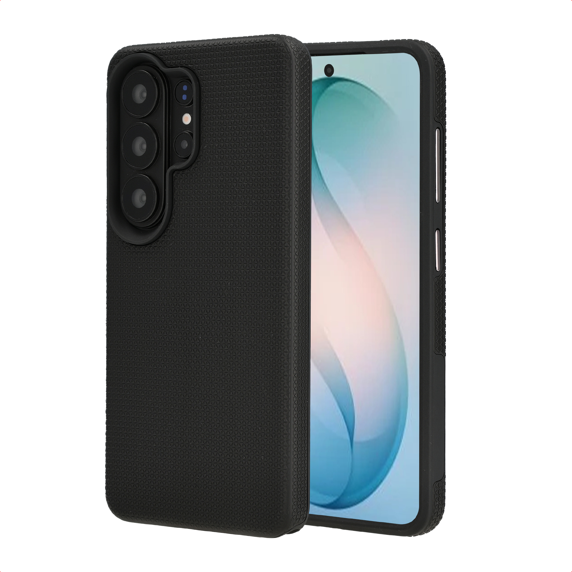 Custodia nera per telefono con tripla fotocamera e smartphone con display blu.