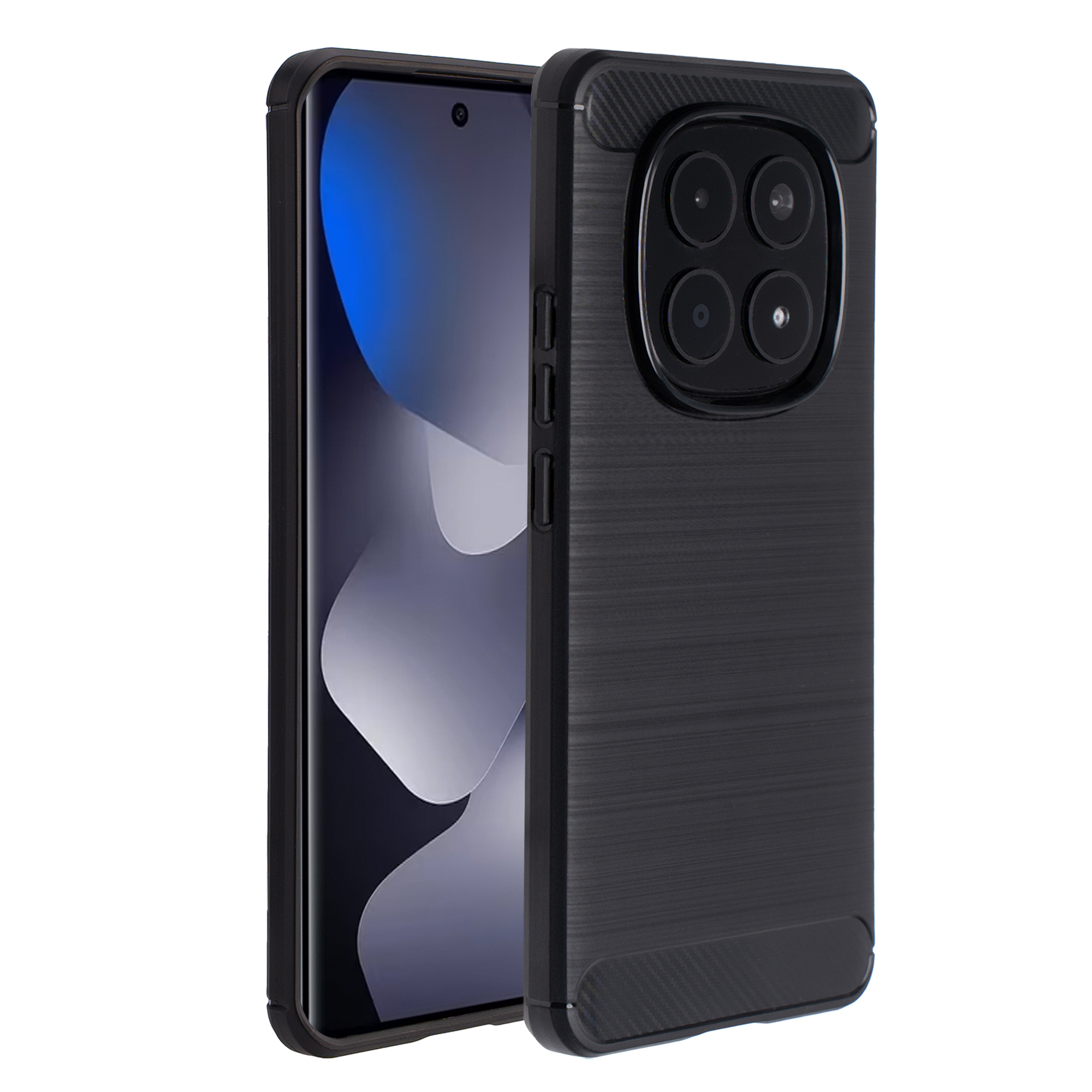 Telefono nero con quattro fotocamere e retro spazzolato, su sfondo bianco.