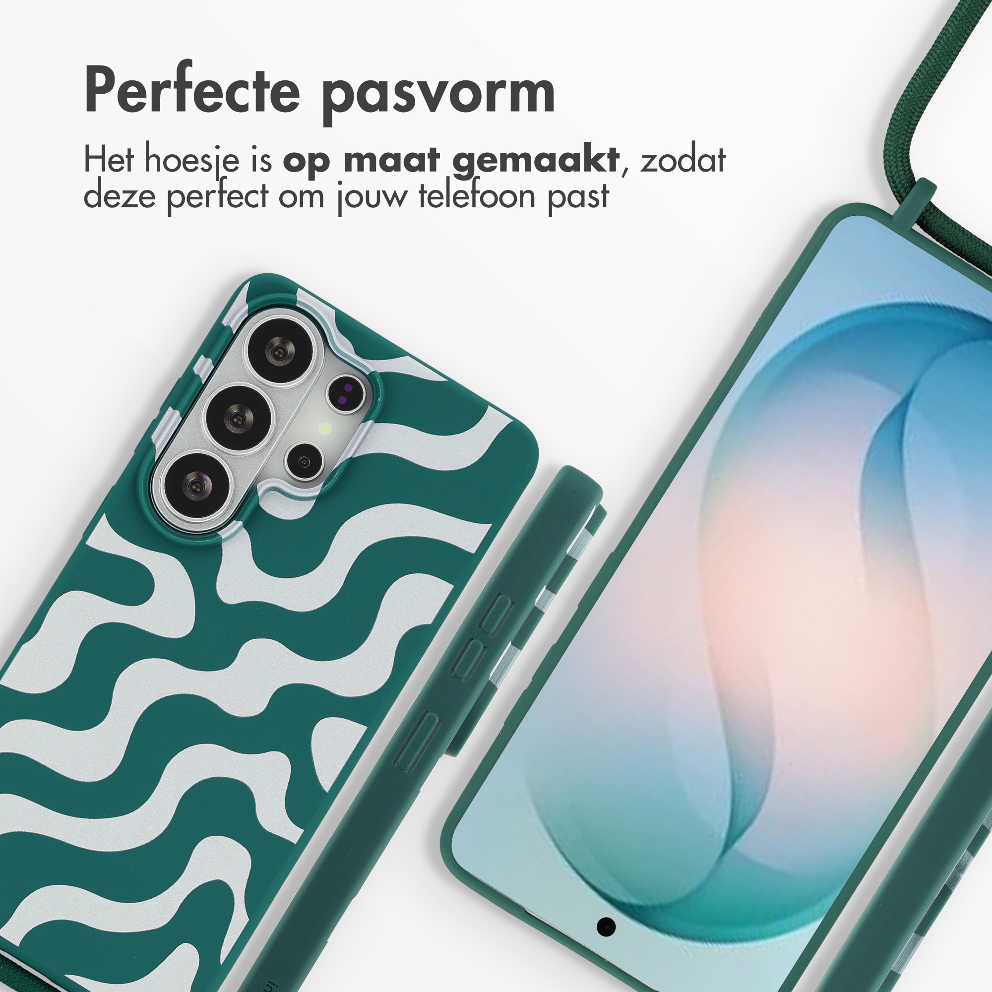 Une coque de téléphone verte à motifs ondulés à côté d'un smartphone.