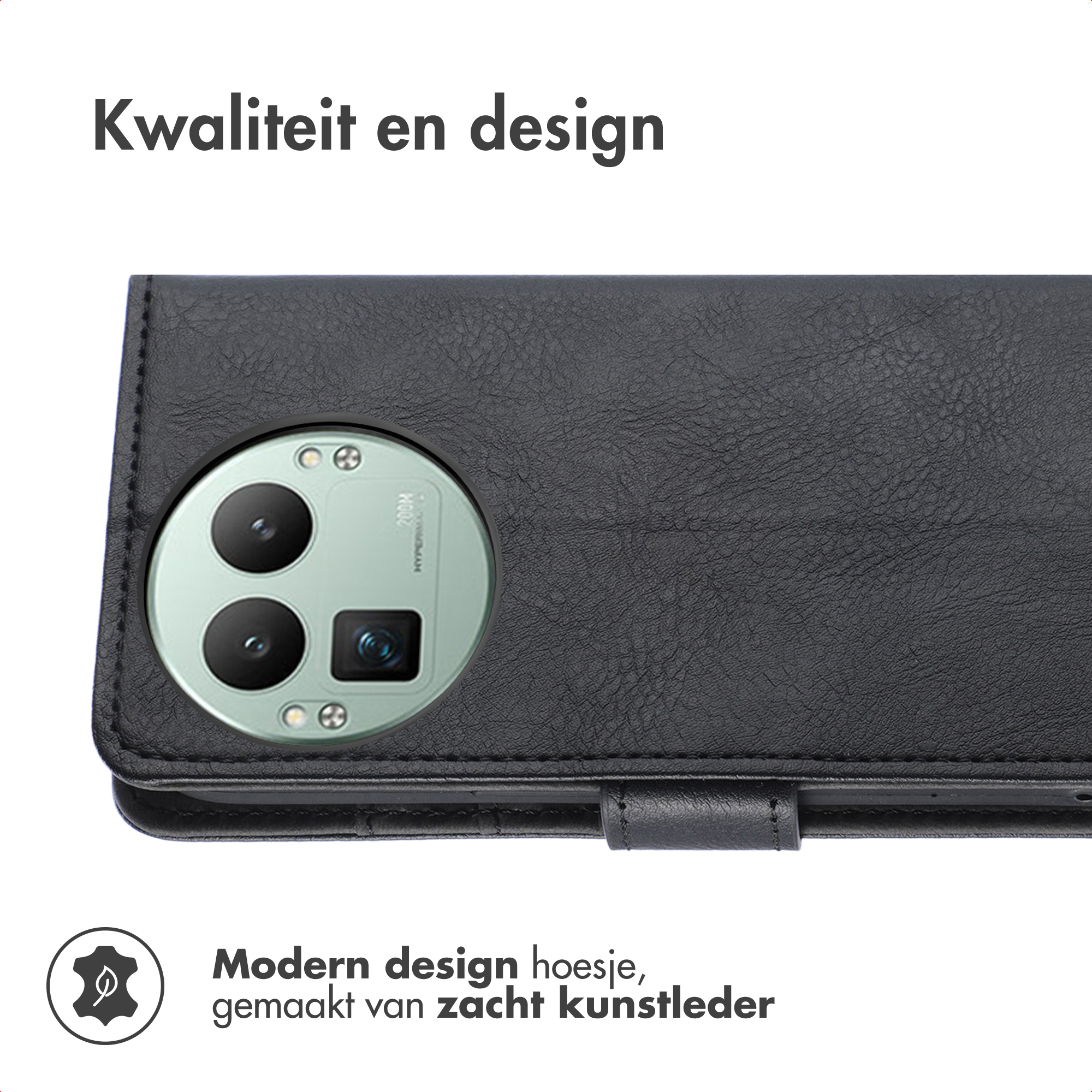 Étui de téléphone noir en similicuir avec découpe caméra et texte.