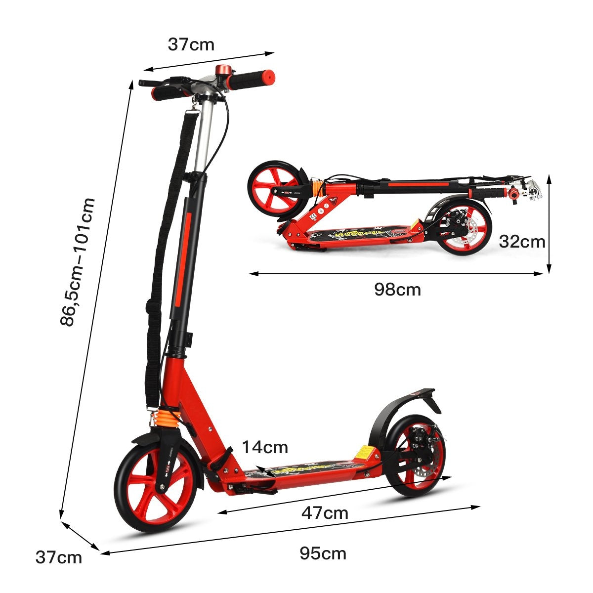 Patinete rojo con dimensiones. Un patinete está de pie, el otro tumbado.