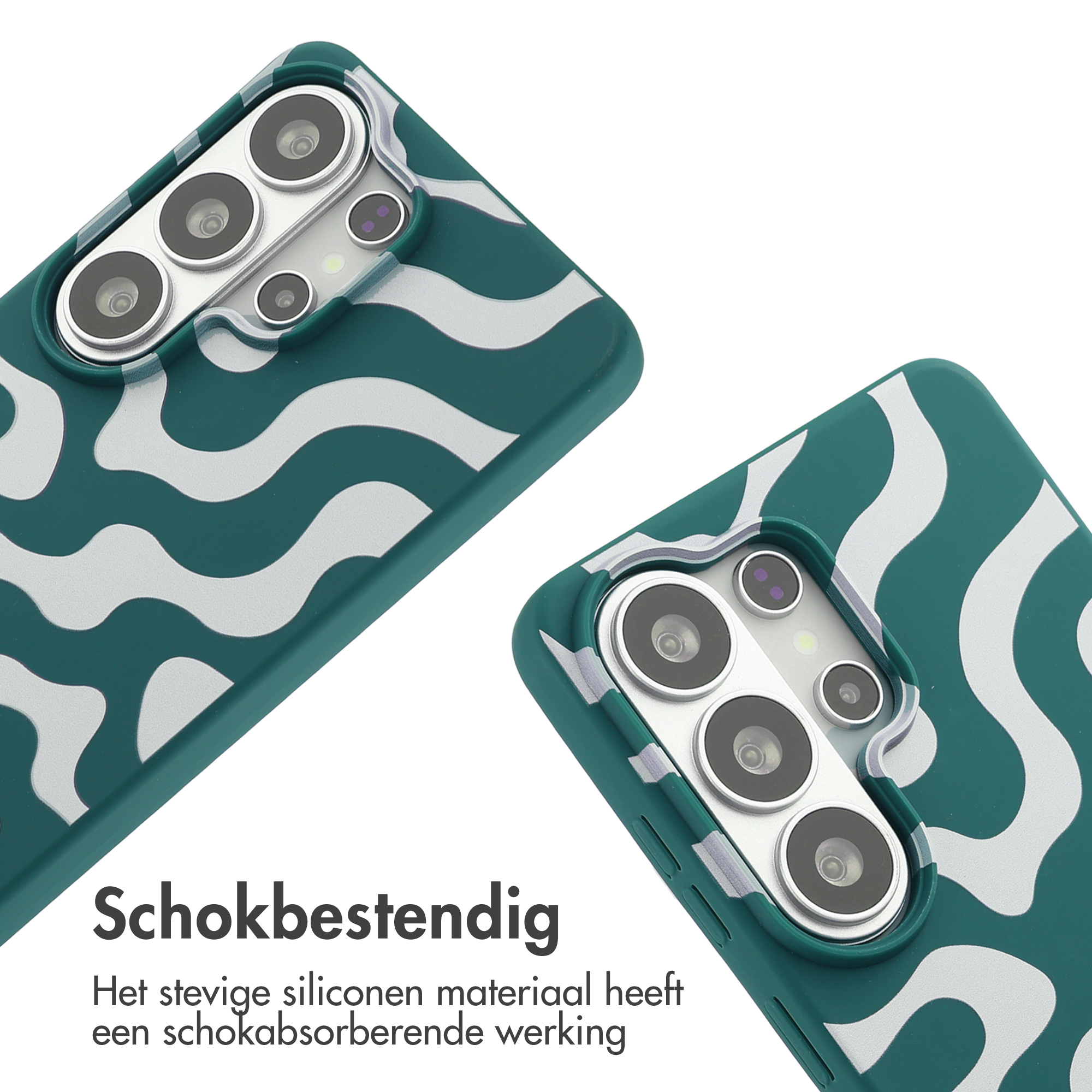 Trois arrière de smartphone avec caméras dans un motif vert ondulé.