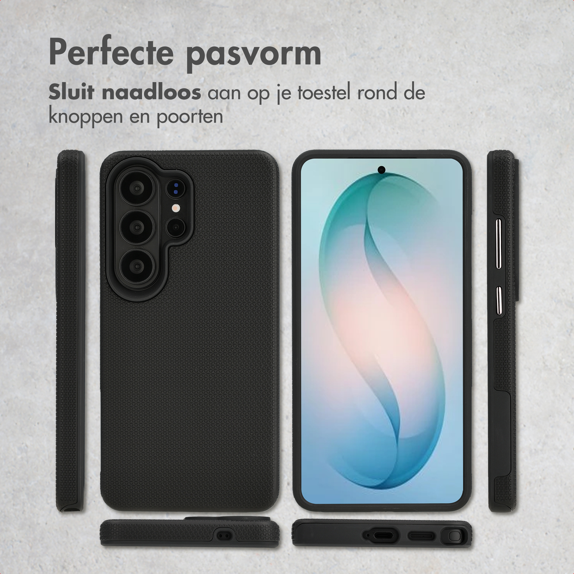 Custodia nera per telefono con tre fotocamere e uno smartphone con sfondo blu.