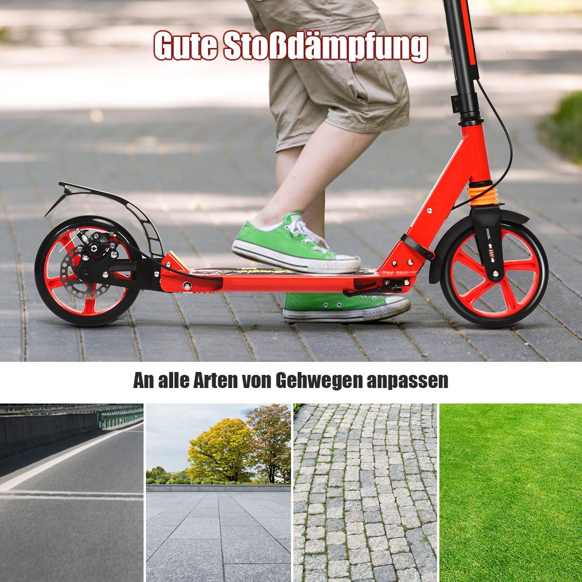 Un patinete rojo con zapatos verdes sobre un camino pavimentado.